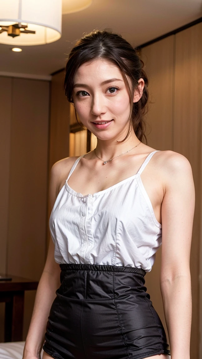 ((Highest quality, 8K, Ultra high definition)), ((masterpiece: 1.3)), (Perfect appearance), (Photorealism: 1.6), (JMA), (PG), (1人のJapanese Mature), (60 years old, Japanese Mature), (A Japanese woman standing on a balcony looking at the night view: 1.6), (Sideways figure of a woman: 1.4), (Only the face turns around: 1.4), (Late Night: 1.2), ((A woman standing at the edge of the screen: 1.6)), (Standing with both elbows leaning on the railing: 1.2), Slightly parted lips, A gentle smile, (Straight short hair), (Long Camisole), ( camisole), (Bust up portrait: 1.4),