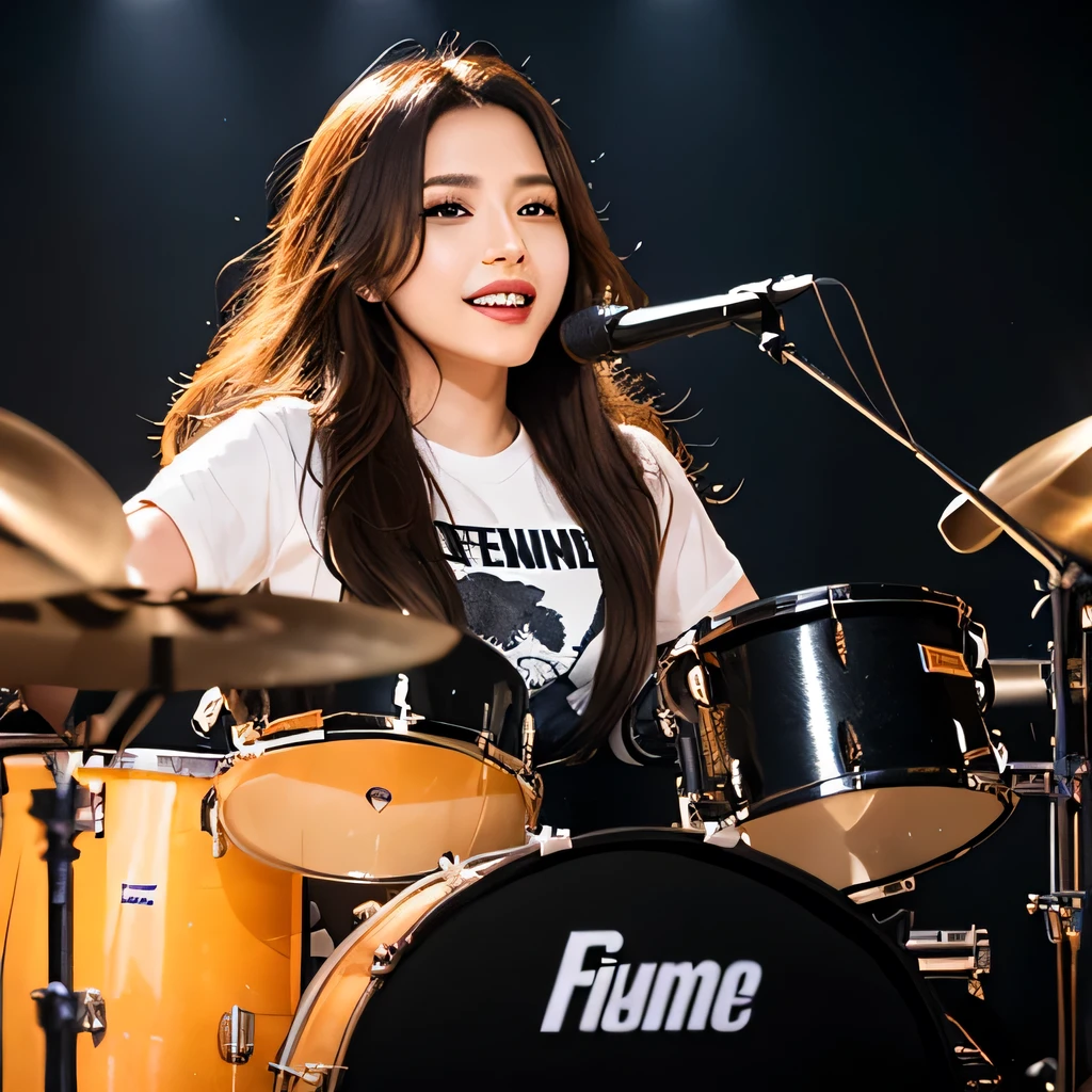 Drummer of Fire、womanhood、long hair、White Colossal Breast Tee、Smile Yan、sitting in front of a drum set、during a powerful performance、Passionate look、Flame-like Orange and Red Lighting Effects、Hair Swings to the Rhythm、black rock style costume、on the lips、concert stage、energetic atmosphere、impressive composition、High Fine、Clear Details、Dynamic Poses、professional lighting、8K resolution、Masterpiece、Highest Quality,Stunning Stick Handling,Can you draw facial expressions more clearly, clearly, and delicately,Sharp expression in focus，