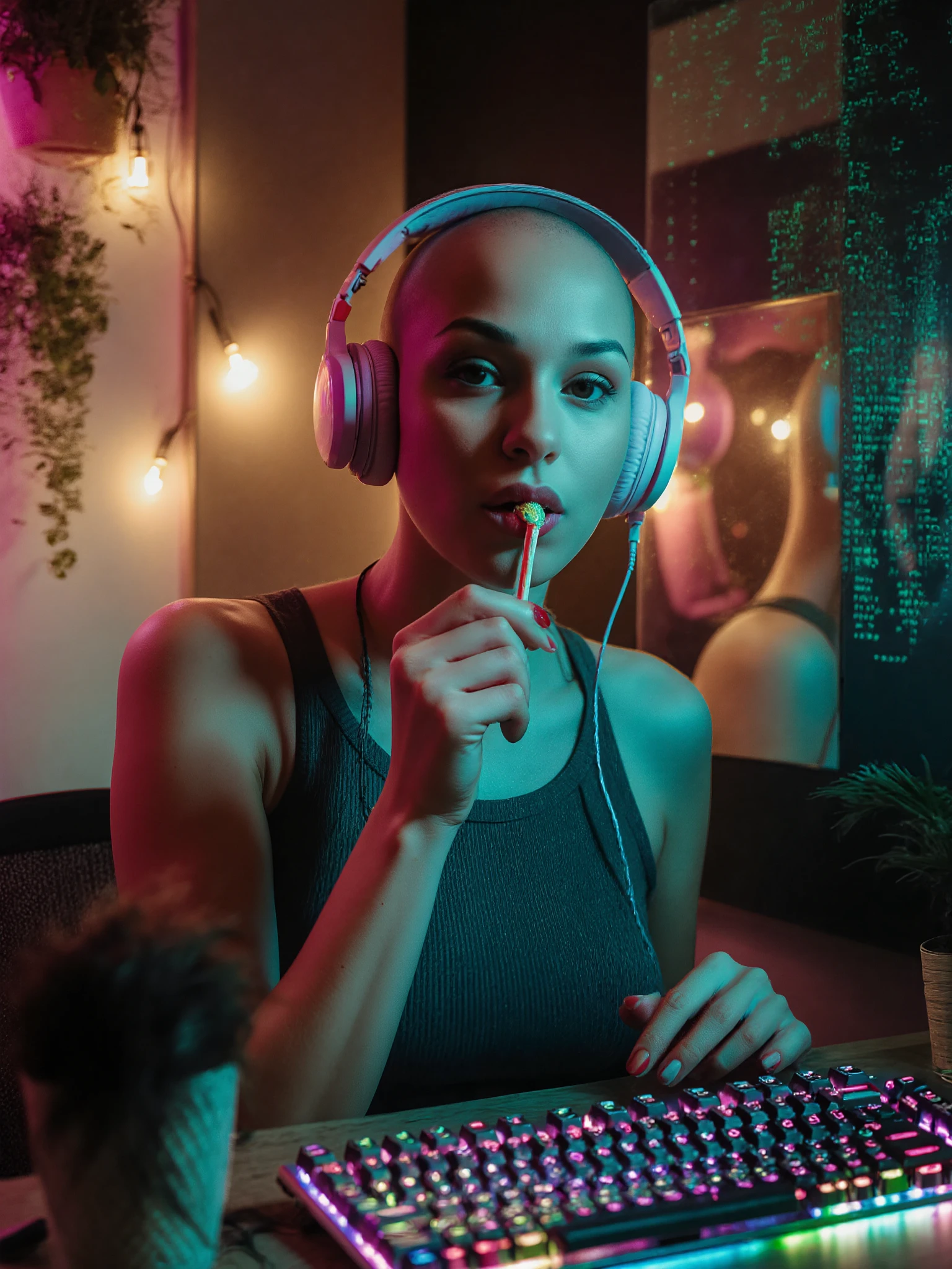 Intimate nighttime portrait of an attractive bald female hacker in her personal tech sanctuary, illuminated by golden-magenta and teal LED lights. She looks flirtatiously at the camera while chewing on a candy stick, her perfectly smooth bald head gleaming under the ambient lighting. Her feminine figure with large breasts is accentuated by a fitted top, with pastel headphones resting around her neck. An RGB mechanical keyboard glows before her while code-like abstract UI elements reflect in a nearby mirror. Soft light beams create a hazy, dreamlike atmosphere. Evidence of her recent head shaving is visible - cut strands of dark hair on her clothing and scattered across her workspace, with a hair clipper resting atop a pile of freshly cut hair in the background. String lights and potted plants add warmth to the technological setting. Shot with shallow depth of field, 50mm f/1.8, natural skin texture, gentle cinematic contrast, jade and rose color palette, highly detailed with no logos.