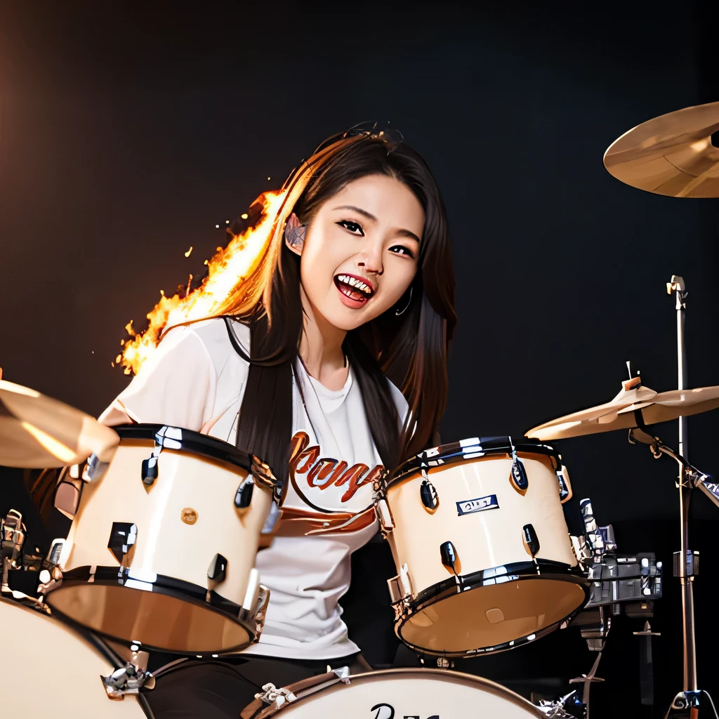 Drummer of Fire、womanhood、long hair、White Colossal Breast Tee、Smile Yan、sitting in front of a drum set、during a powerful performance、Passionate look、flaming orange and red lighting effects、hair shaking to the rhythm、black rock style costume、on the lips、concert stage、energetic atmosphere、impressive composition、High Fine、Clear Details、Dynamic Poses、professional lighting、8K resolution、Masterpiece、Highest Quality,Stunning Stick Handling,