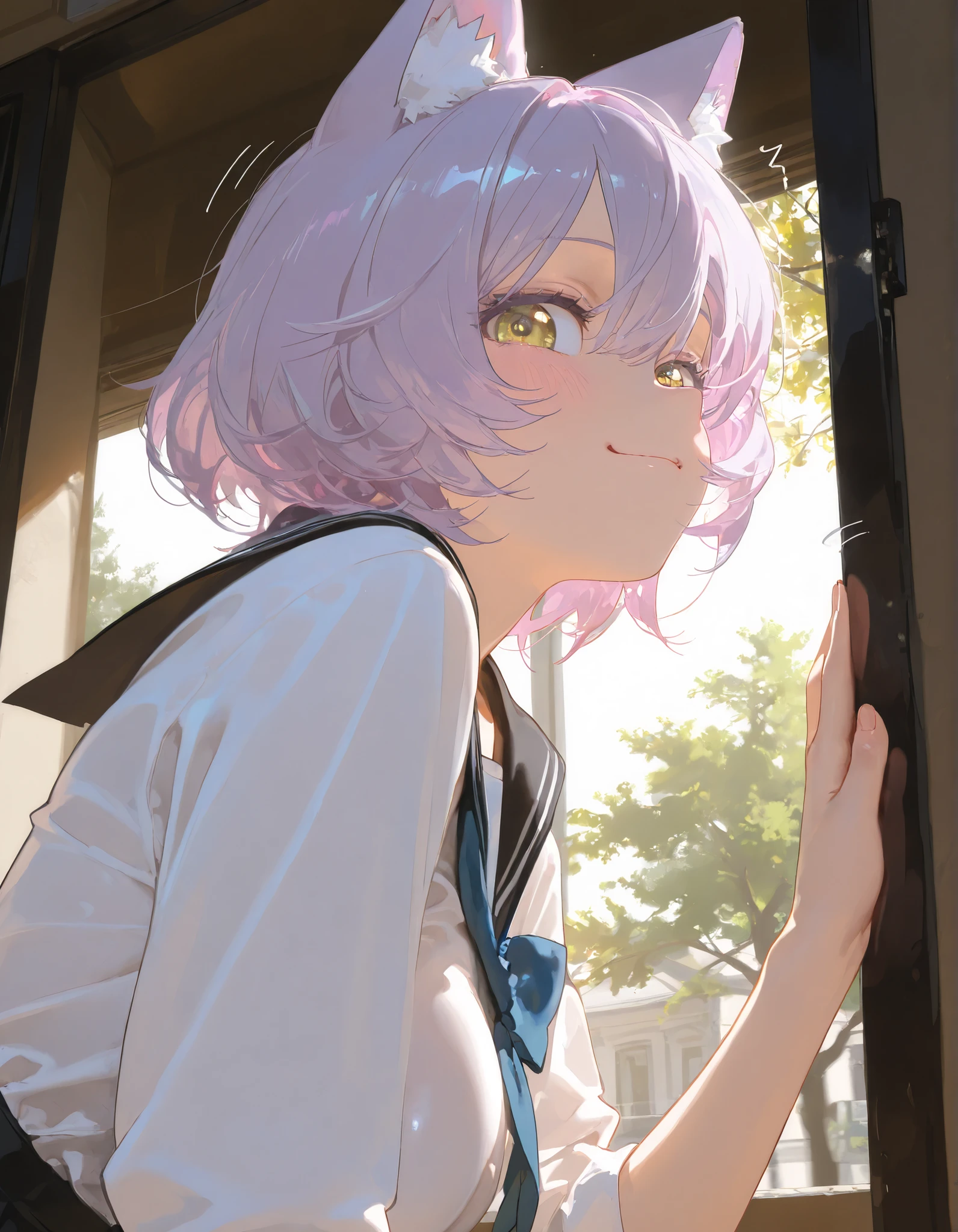 masterpiece, best quality, amazing quality, very aesthetic, absurdres, newest,,anatomically accurate,16k,UHD,accurate,expressive,anime screenshots,anime colorization,,(8k),(detailed background: 1.2),(ultra detailed: 1.2),748cm style,Expressiveh, official wallpaper, 


1 girl, purple hair, wolf ears, golden eyes, happy, smiling, in courtyard, masterpiece, best quality, amazing quality, absurdres, newest, sakura tree, petels falling down, school uniform, short hair
 
School uniform, smiling, body(Blush), decent size breast, holding gup peace sign

Looking at viewer
, (upper body:1.3),,standing,

,expressionless,flushed cheeks,
BREAK,dynamic angle、(from side:0.6),
,

 BREAK,、dynamic angle、(Class, interior), (refraction), ,(blackbackground:0.8),(motion blur,motion lines: 1.2),erotic sound effects),,masterpiece, best quality, amazing quality, very aesthetic, absurdres, newest,volume lighting