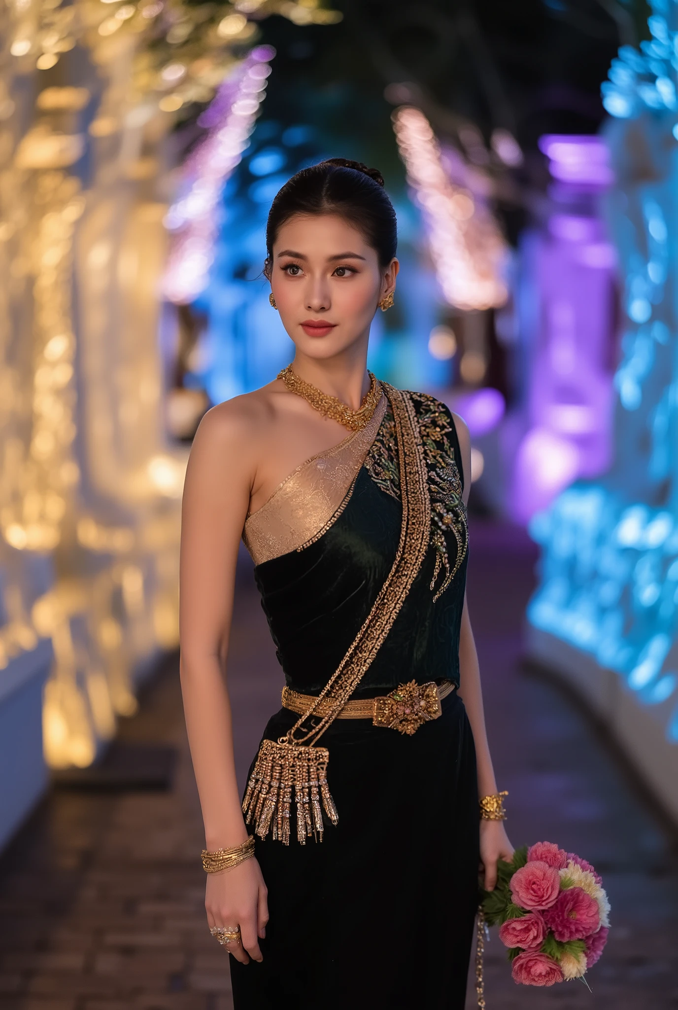 A realistic, high-resolution, full-body photograph of a beautiful young woman, A striking Asian model with smoky eyes, glowing skin, and a high bun, wearing a one-shoulder Thai dress in black velvet embroidered with neon gold sequins and green and amber gold jewelry.
Pose: Standing in profile, facing the camera, one hand holding a long sash, the other holding a flower tray.
Background: The glow-in-the-dark walls of Wat Phu Phrao's Kalpavriksha tree sparkle like stars, revealing the stone floor and trees in shadow.
Light/Image: Shot at dusk, with a warm, soft key and a cool rim to sharpen the edges of the sash. Capture the glow with a short, long exposure, keeping the body sharp. 35mm 8K, ultra-real, luminous gold lens., the image appears realistic. feel with a shallow depth of field, focusing sharply on the woman and the wolf. The overall atmosphere is mystical and powerful, with a professional, editorial quality. --ar 9:16