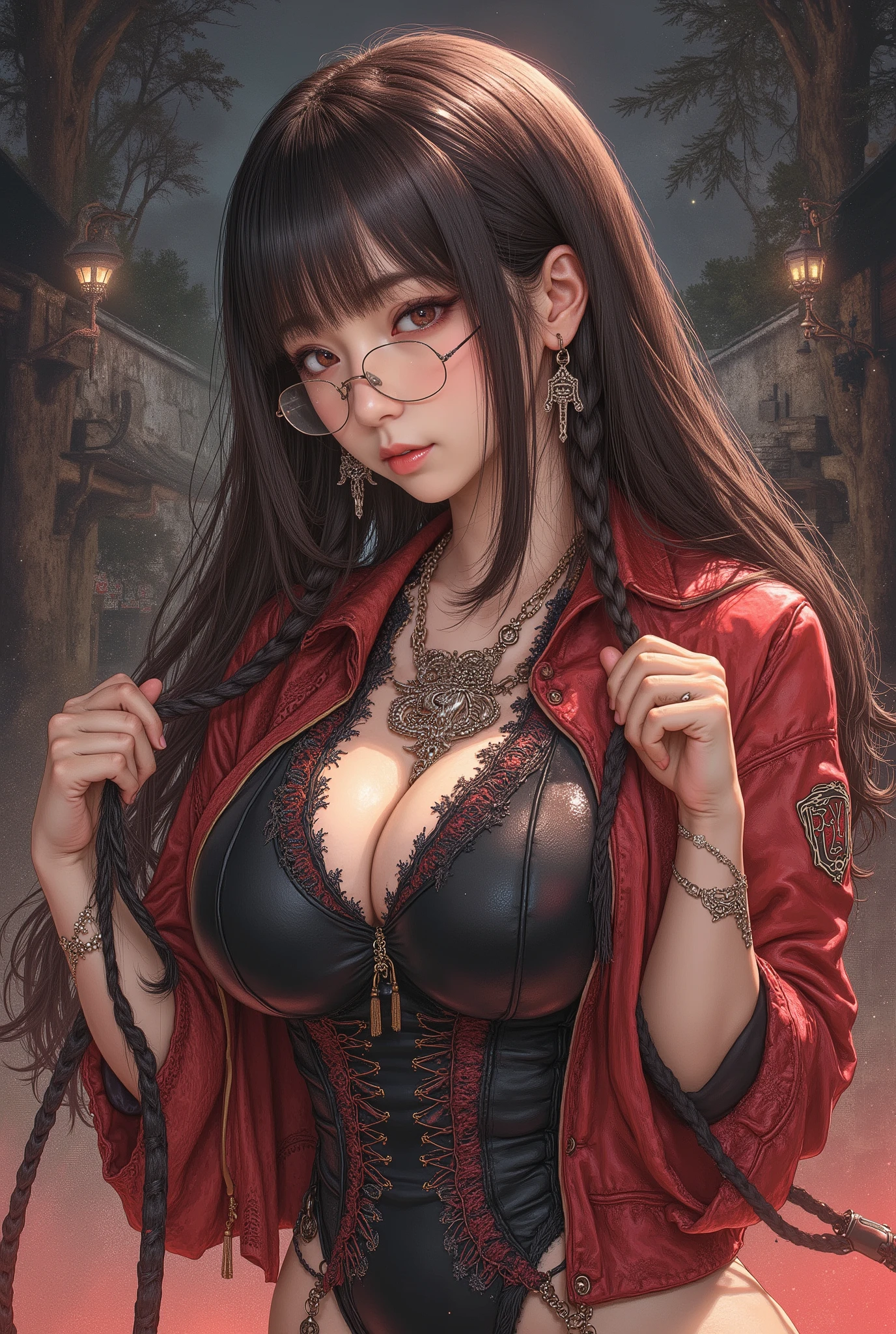Fine、(The best illustrations)、8k UHD resolution、intricate-detail、top-quality、realisitic、ultra-detailliert、The best lighting、Best Shadows、Soft lighting、Ulutra HD、Dungeon and Dragon、caves、Dungeon、 A Necromancer、natta、Dark style、Succubus、Devil's Daughter、Bat Wings，(((Demon Horns)))、((((black-rimmed round glasses))))、(((Colossal ????)))、(Devil's Tail)、(red eyes glowing:1.6)、​masterpiece、beautiful countenance、Tindall Effect、photos realistic、(High Detail Skins:1.2)、8KUHD、Digital SLR、hightquality、a picture、hight resolution、 absurderes、Ponytail distortion、best ratio four finger and one thumb、女の子1人、hair adornments、Red sparkling gemstone necklace、jewely、Beautiful expression、Body Up、????????????? emphasis、Toned waist、Wide ????????、Tindall Effect、Photorealsitic、(High Detail Skins:1.2)、