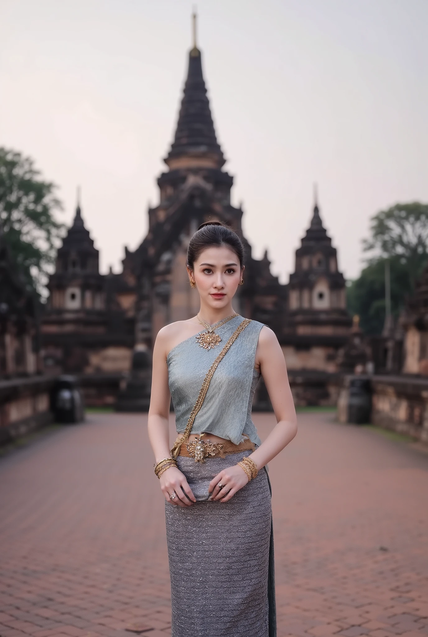 A realistic, high-resolution, full-body photograph of a beautiful young woman, A calm Asian woman with her hair pulled back in a sleek, low ponytail, wears a one-shouldered, indigo-gray Thai dress embroidered with silver silk, a silver cloud-patterned sarong, and a silver belt with a Thai-style headband.
Position: Standing full-length in the middle of an old brick courtyard, one hand holding a shoulder cloth and the other resting on her waist, her gaze intense and gentle.
Background: A large prang and surrounding Ayutthaya chedis, with cracked old bricks creating texture. The evening sky is approaching dusk, adding a touch of mist to the magnificent ancient scene.
Lighting/Image: Cool key + warm backlight, the late afternoon sun creating contrast. Vertical cropping to highlight the prang's spire. 8K, ultra-detailed, dramatic., the image appears realistic. feel with a shallow depth of field, focusing sharply on the woman and the wolf. The overall atmosphere is mystical and powerful, with a professional, editorial quality. --ar 9:16