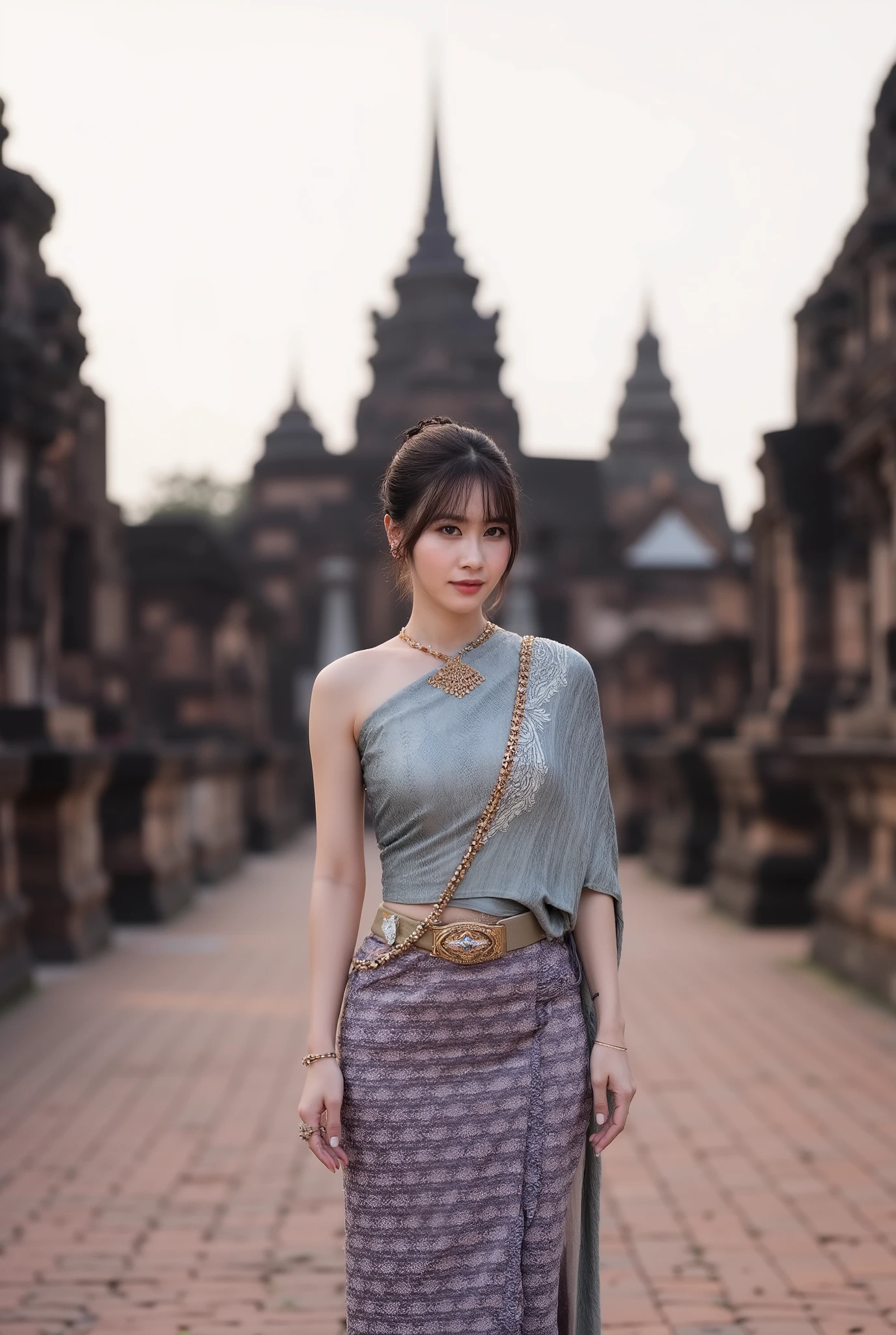 A realistic, high-resolution, full-body photograph of a beautiful young woman, A calm Asian woman with her hair pulled back in a sleek, low ponytail, wears a one-shouldered, indigo-gray Thai dress embroidered with silver silk, a silver cloud-patterned sarong, and a silver belt with a Thai-style headband.
Position: Standing full-length in the middle of an old brick courtyard, one hand holding a shoulder cloth and the other resting on her waist, her gaze intense and gentle.
Background: A large prang and surrounding Ayutthaya chedis, with cracked old bricks creating texture. The evening sky is approaching dusk, adding a touch of mist to the magnificent ancient scene.
Lighting/Image: Cool key + warm backlight, the late afternoon sun creating contrast. Vertical cropping to highlight the prang's spire. 8K, ultra-detailed, dramatic., the image appears realistic. feel with a shallow depth of field, focusing sharply on the woman and the wolf. The overall atmosphere is mystical and powerful, with a professional, editorial quality. --ar 9:16