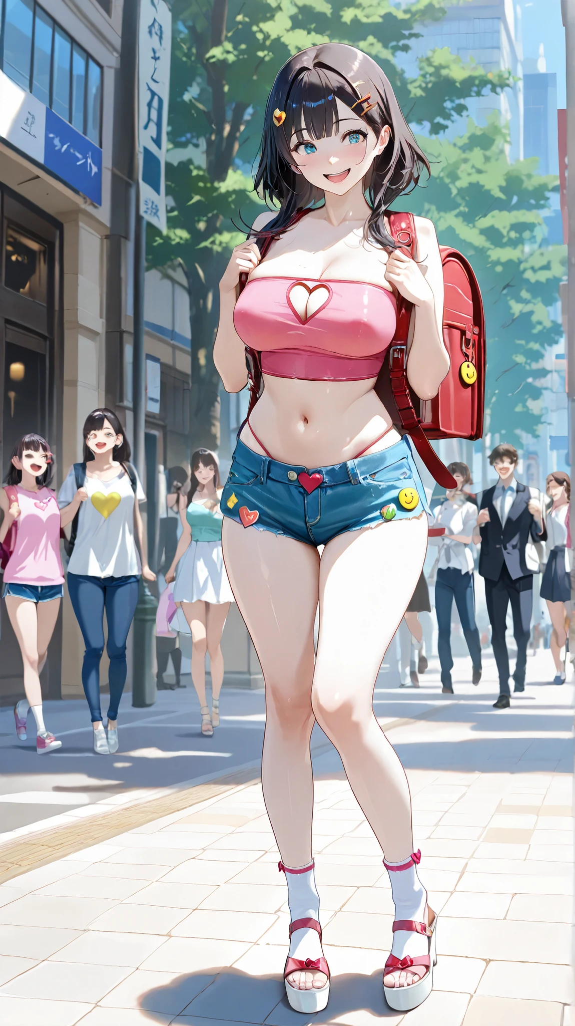 score_9, score_8_superior, score_7_superior, score_6_superior, score_5_superior, score_4_superior, source_anime, label 1 , label 2 , Quality_masterpiece, anatomically correct, beautiful faces, perfect face, Beautiful and highly detailed face and eyes, Attractive Face , detailed face, Reverend Job, Bare Shoulders, 18 years old, dark haired, Heights Tale on the opera stage, staring at the audience, Alone, sexy women with big boobs and thighs , is thin、thin waist, laughing smile , star shaped hair clip, heart shaped hair clip ,high medium, full body , from the front , when standing in the middle of a busy street, Navel-baring look , Tube Top , pastel colored clothes, blue denim low rise shorts, high medium, backpack, socks, shoes ,kawaii makesuperior, succumb, tanning marks, white skin, , heart shaped button badge, star shaped button badge, smiley button badge , lively crime prevention, pink backpack with embroidery, white platform sandals ,