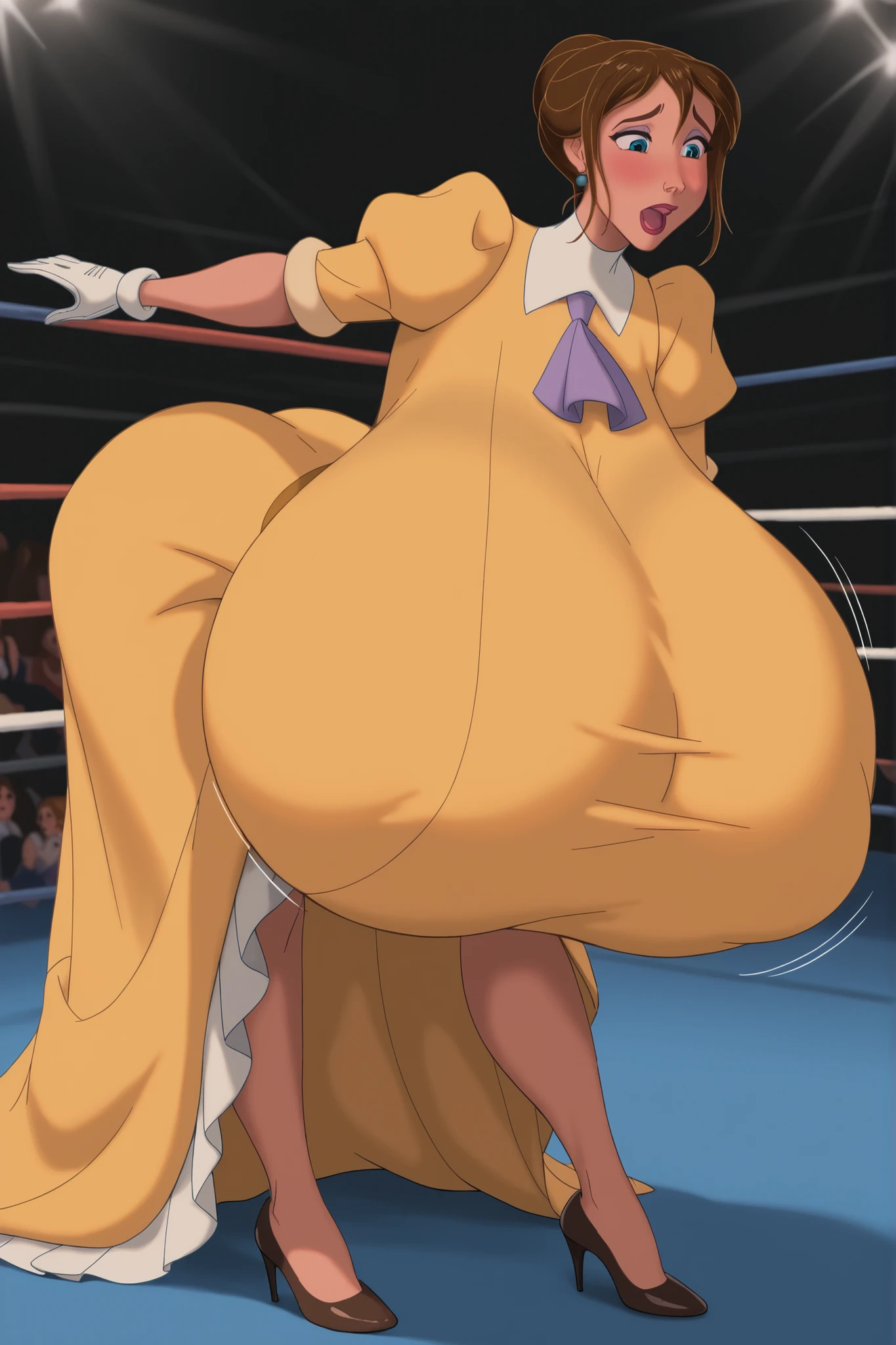 Tarzan_JanePorter,yellow dress, puffy sleeves, turtleneck, high neckline, white gloves, skirt,,,brown hair, blue eyes, 1girl,breasts,blush,large breasts,motion lines,huge breasts,bouncing breasts,,large breasts,(Gigantic breasts:1.3), (Super Wide hips:1.3), from front, wrestling ring, (fully covered breasts:1.3), (floor length skirt:1.3), skirt, flowing skirt, voluminous skirt, huge skirt, full body, embarrassed expression, slim waist, high heels, (she is bending over:1.3)