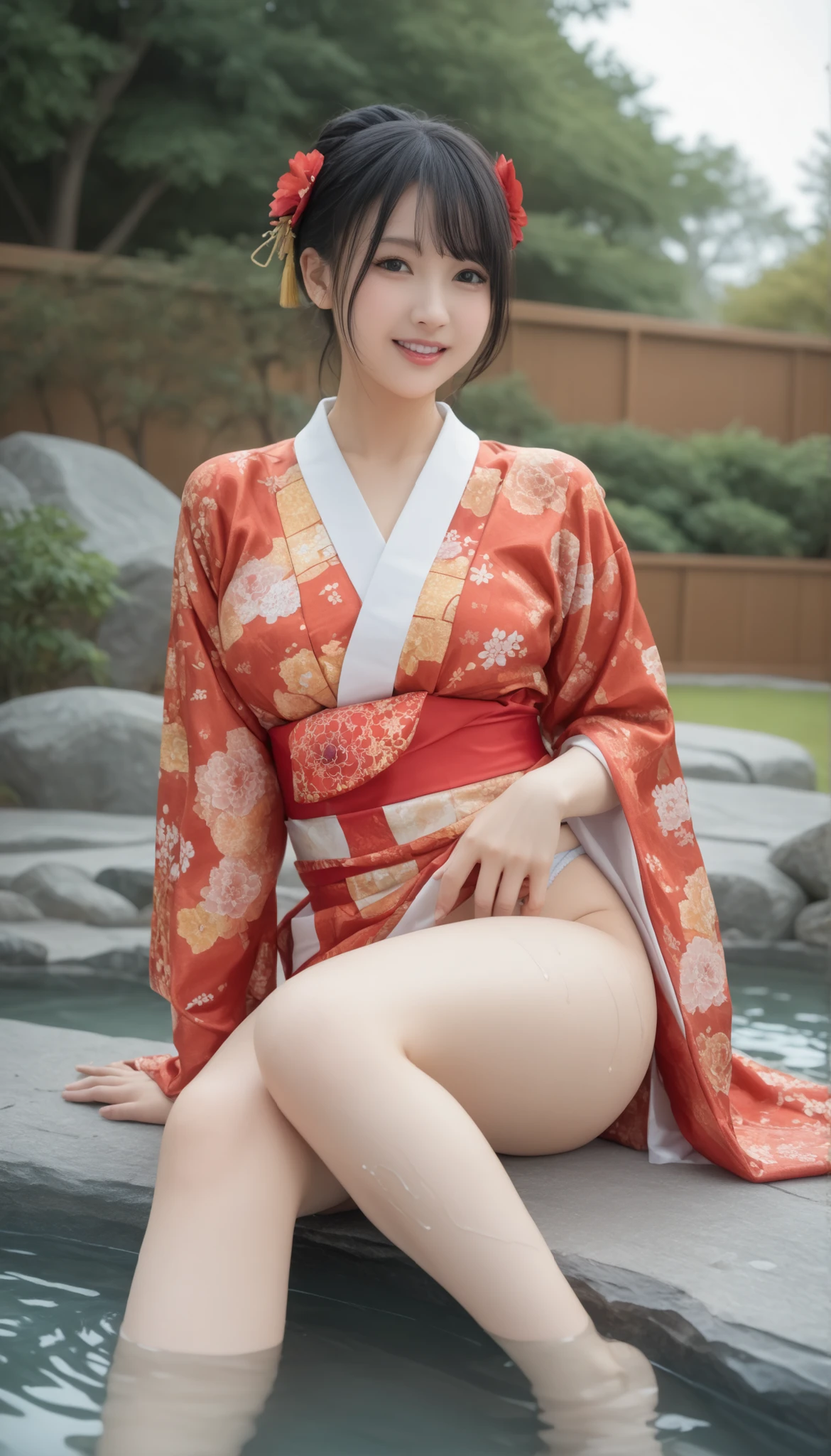 最High Quality 、High Quality 、 最high definition、high definition、8K Quality、high image quality 、最High Quality、 masterpiece 、immersive video、 very realistic image 、Realistic Paintings、 perfect details 、 from out of view High contrast 、High Fidelity、 perfect photo without blur、close to reality、 An image that has been faithfully reproduced down to the smallest detail、 EXQUISITE AND REALISTIC WEAPONS 、 Exquisite and realistic human skin 、 Realistic face in every detail、 realistic eyes with attention to detail 、 Realistic lips drawn with minimal detail 、 detailed and real teeth、Real Ears、 Realistic Hair 、Mansuji、((Japanese Model))、((gravure idol at the seaside in Bali))、((Young face))、((black hair))、((medium rounded breasts))、((Stylish Body ))、(((Sweaty skin all over )))、((Wear a floral kimono made of transparent vinyl,See your skin through a clear vinyl kimono {x} Clear vinyl fits your skin perfectly))、((Wear a floral kimono made of transparent nylon,Clear nylon adheres perfectly to the skin))、((See your skin through a clear vinyl kimono))、((See your skin through a clear nylon kimono))、((Sexy panties visible between her thighs))、((Traditional Japanese Garden))、((Blue Sky))、(((Sitting on a large stone in the garden,Pose to raise one leg and make your thighs look beautiful )))、(((faithfully floating on top of semen hot springs,)))、(((look at her from a random angle)))