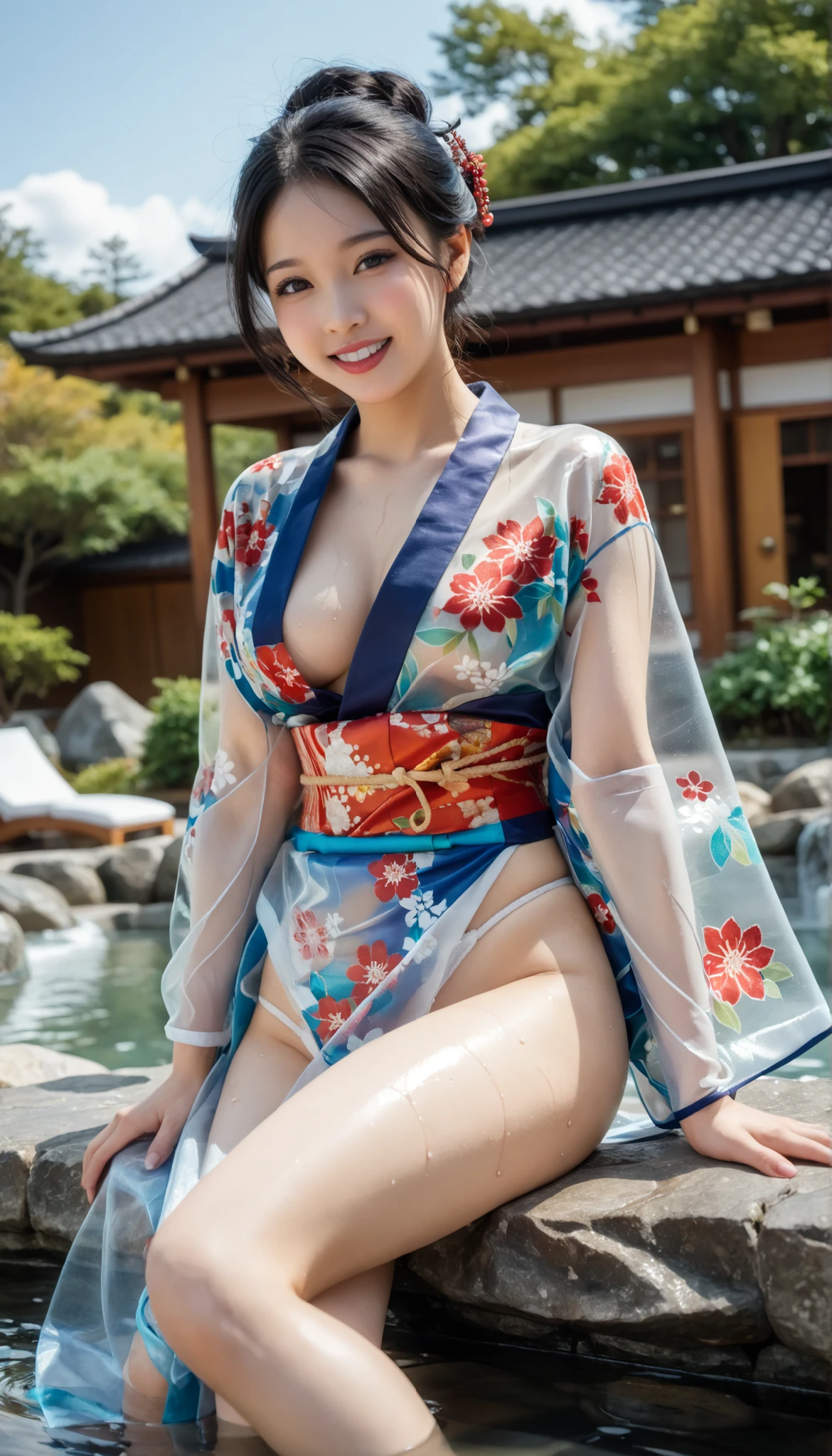 最High Quality 、High Quality 、 最high definition、high definition、8K Quality、high image quality 、最High Quality、 masterpiece 、immersive video、 very realistic image 、Realistic Paintings、 perfect details 、 from out of view High contrast 、High Fidelity、 perfect photo without blur、close to reality、 An image that has been faithfully reproduced down to the smallest detail、 EXQUISITE AND REALISTIC WEAPONS 、 Exquisite and realistic human skin 、 Realistic face in every detail、 realistic eyes with attention to detail 、 Realistic lips drawn with minimal detail 、 detailed and real teeth、Real Ears、 Realistic Hair 、Mansuji、((Japanese Model))、((gravure idol at the seaside in Bali))、((Young face))、((black hair))、((medium rounded breasts))、((Stylish Body ))、(((Sweaty skin all over )))、((Wear a floral kimono made of transparent vinyl,See your skin through a clear vinyl kimono {x} Clear vinyl fits your skin perfectly))、((Wear a floral kimono made of transparent nylon,Clear nylon adheres perfectly to the skin))、((See your skin through a clear vinyl kimono))、((See your skin through a clear nylon kimono))、((Sexy panties visible between her thighs))、((Traditional Japanese Garden))、((Blue Sky))、(((Sitting on a large stone in the garden,Pose to raise one leg and make your thighs look beautiful )))、(((faithfully floating on top of semen hot springs,)))、(((look at her from a random angle)))