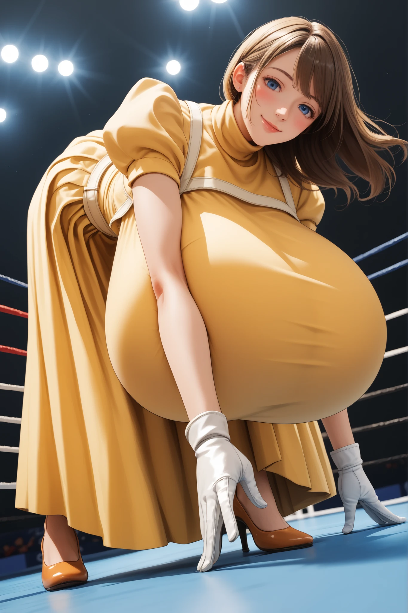 Jane Porter,yellow dress, puffy sleeves, turtleneck, high neckline, white gloves, skirt,,,from below, towering over viewer, looking down at viewer, from below, looking down at viewer, brown hair, blue eyes, 1girl,breasts,blush,large breasts,motion lines,huge breasts,bouncing breasts,,large breasts,(Gigantic breasts:1.3), wrestling ring, (fully covered breasts:1.3), (floor length skirt:1.3), skirt, flowing skirt, voluminous skirt, huge skirt, smile, slim waist, high heels, (she is bending over:1.3), close up, POV