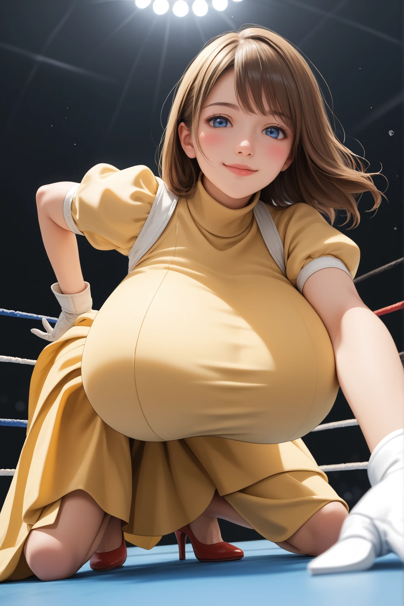 Jane Porter,yellow dress, puffy sleeves, turtleneck, high neckline, white gloves, skirt,,,from below, towering over viewer, looking down at viewer, from below, looking down at viewer, brown hair, blue eyes, 1girl,breasts,blush,large breasts,motion lines,huge breasts,bouncing breasts,,large breasts,(Gigantic breasts:1.3), wrestling ring, (fully covered breasts:1.3), (floor length skirt:1.3), skirt, flowing skirt, voluminous skirt, huge skirt, smile, slim waist, high heels, (she is bending over:1.3), close up, POV