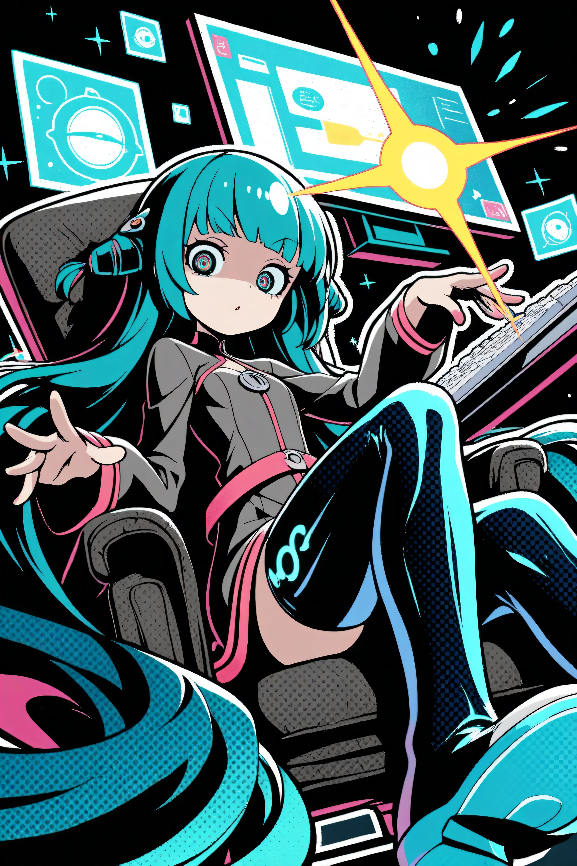 (masterpiece, best quality, clean cel-shaded pop-anime style, bold crisp linework, high saturation, bright pop poster vibe, flat shapes, simplified geometry, clear silhouette, sticker-like cutout edges, subtle halftone texture, minimal soft shading)
a blue-haired hacker girl with tired half-lidded eyes, sitting casually on a worn black leather armchair in a white monitor-filled room; she wears a black-and-cyan robe with subtle glowing circuit motifs and oversized sleeves, her absurdly long blue hair fading to teal and pooling softly around her; a small portable keyboard rests on her lap as she types idly with one hand, while the other holds a piece of candy between her fingers; monitors surrounding her display soft abstract color patterns instead of real code; scattered around are tangled pastel wires, floating candy-shaped icons, and glowing holographic reflections; composition: full-body, central framing, vertical layout awareness; background: white base with pastel cyan and magenta monitor glow, gentle halftone and glossy reflections; palette: white, cyan, teal, magenta, mint, pale yellow; effects: glow specks, reflection bursts, soft halftone shimmer; lighting: soft pastel light from monitors, faint rim bloom, delicate reflections; mood: cool, pop-cute, and serene with a hint of lazy hacker charm