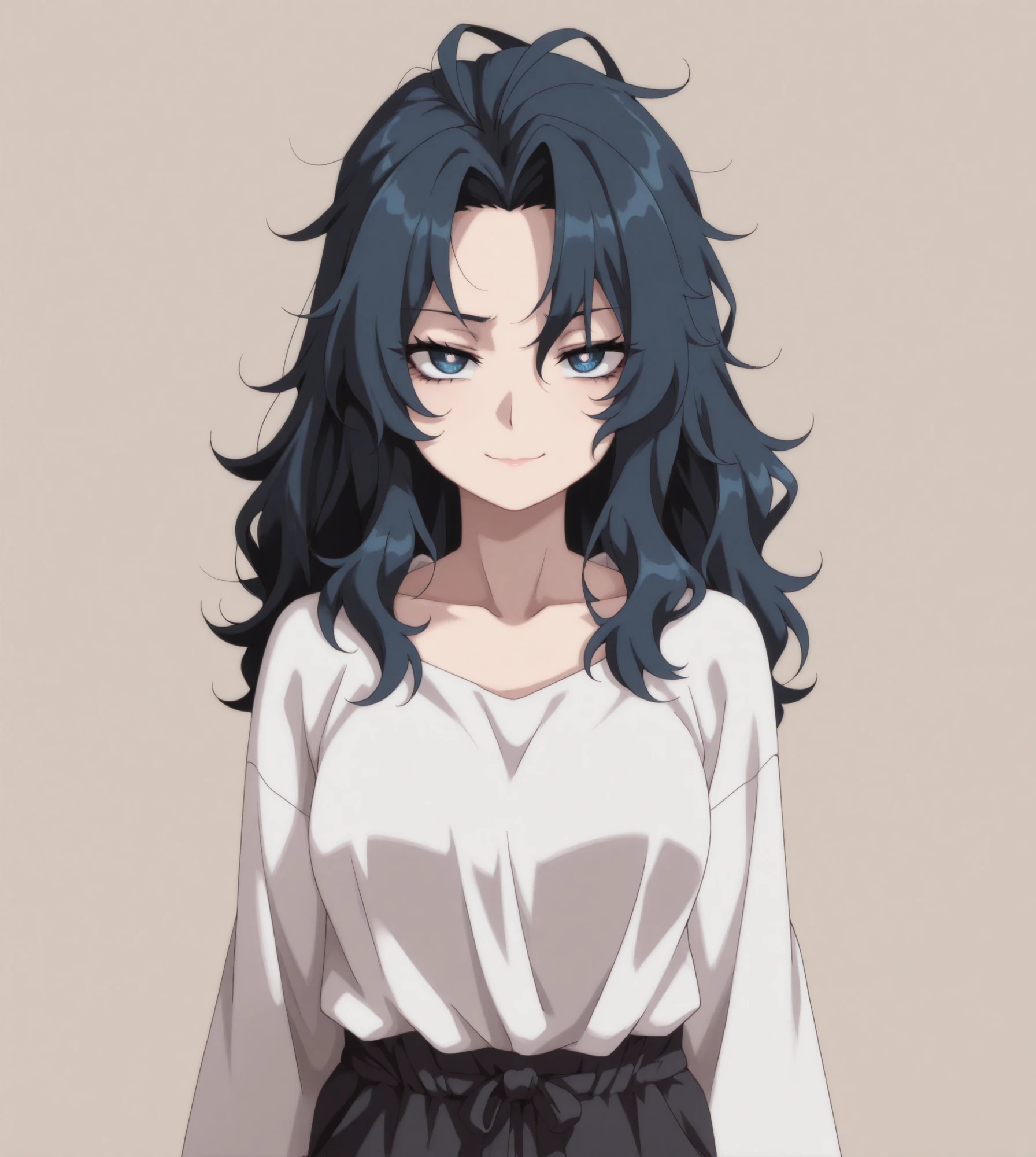 Masterpiece, Best Quality, Newest, Safe, Good Anatomy, Good Resolution, Good Lighting. Beautiful, Anime, Normal. Japanese girl, Adult, Long Dark Blue Hair, Hairstyle: Wavy Hair, Intense Royal Blue Eyes, White Pupils, Squinting eyes, Psychopath Smile, Malicious Expression, Black Eyelashes. Fair Skin, Medium Breasts. She is 30 Years Old, Height 1'68 cm. Looking at Viewer, Alone, Background:Simple Beige Background. Wearing Clothing:White shirt, wide sleeves, black knee-length pants.