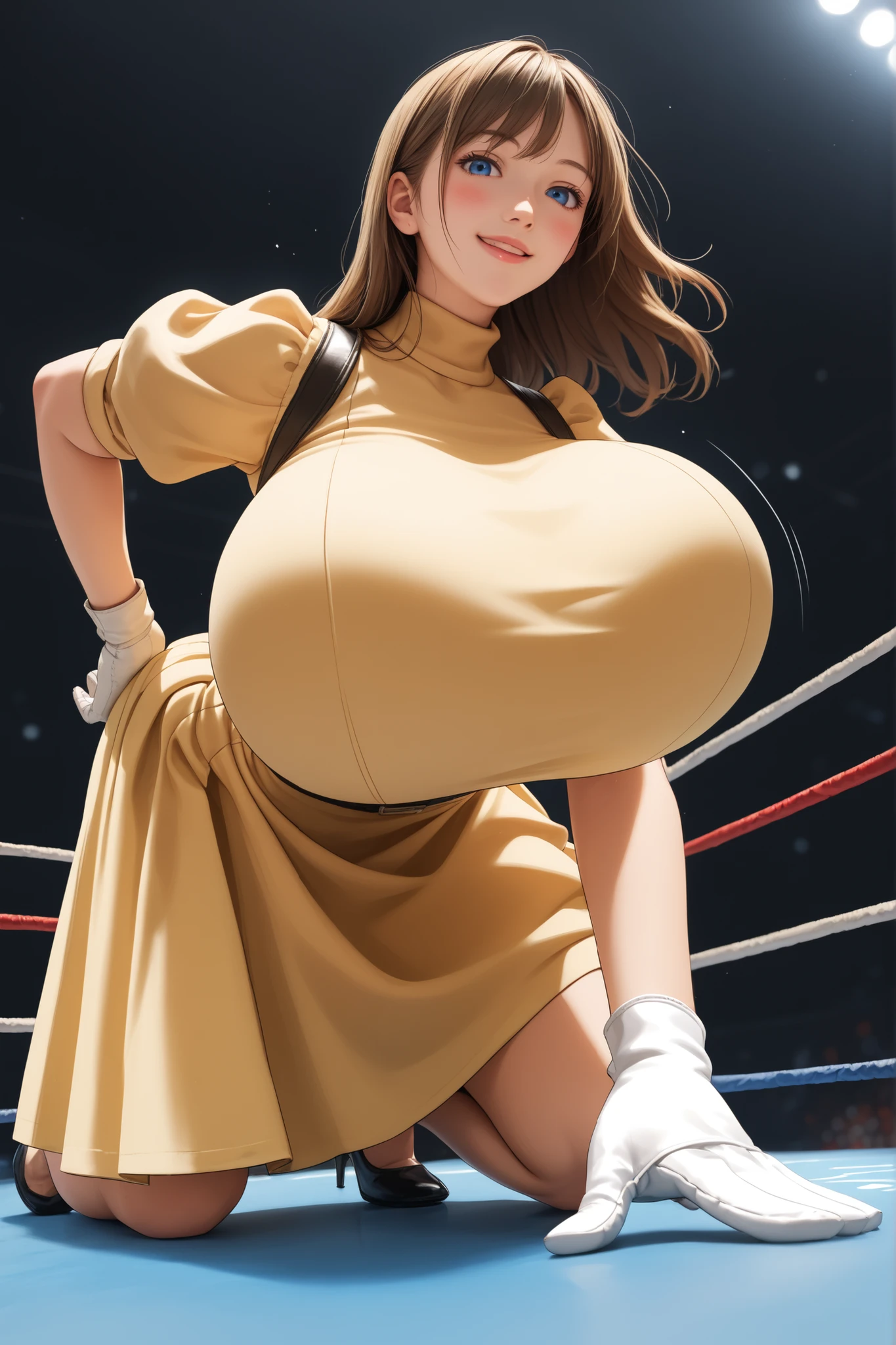 Jane Porter,yellow dress, puffy sleeves, turtleneck, high neckline, white gloves, skirt,,,from below, towering over viewer, looking down at viewer, from below, looking down at viewer, brown hair, blue eyes, 1girl,breasts,blush,large breasts,motion lines,huge breasts,bouncing breasts,,large breasts,(Gigantic breasts:1.3), wrestling ring, (fully covered breasts:1.3), (floor length skirt:1.3), skirt, flowing skirt, voluminous skirt, huge skirt, smile, slim waist, high heels, (she is bending over:1.3), close up, POV