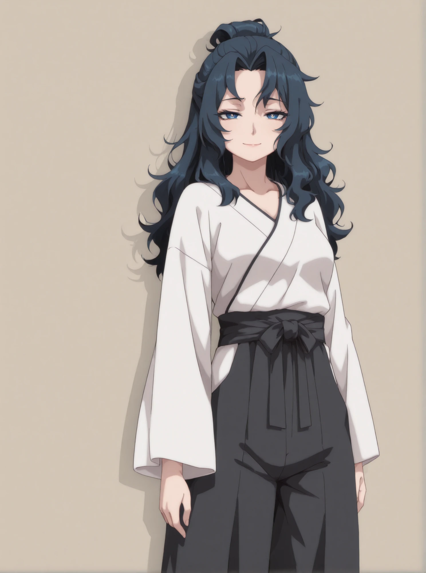 Masterpiece, Best Quality, Newest, Safe, Good , Good Resolution, Good Lighting. Beautiful, Anime, Normal. Japanese Women, Adult, Long Dark Blue Hair, Hairstyle: Wavy Hair, Intense Royal Blue Eyes, Light wrinkles, White Pupils, Squinting eyes, Psychopath Smile, Malicious Expression, Black Eyelashes. Fair Skin, . She is 35 Years Old, Height 1'68 cm. Looking at Viewer, Alone, Background:Simple Beige Background. Wearing Clothing:White shirt, wide sleeves, black knee-length pants.