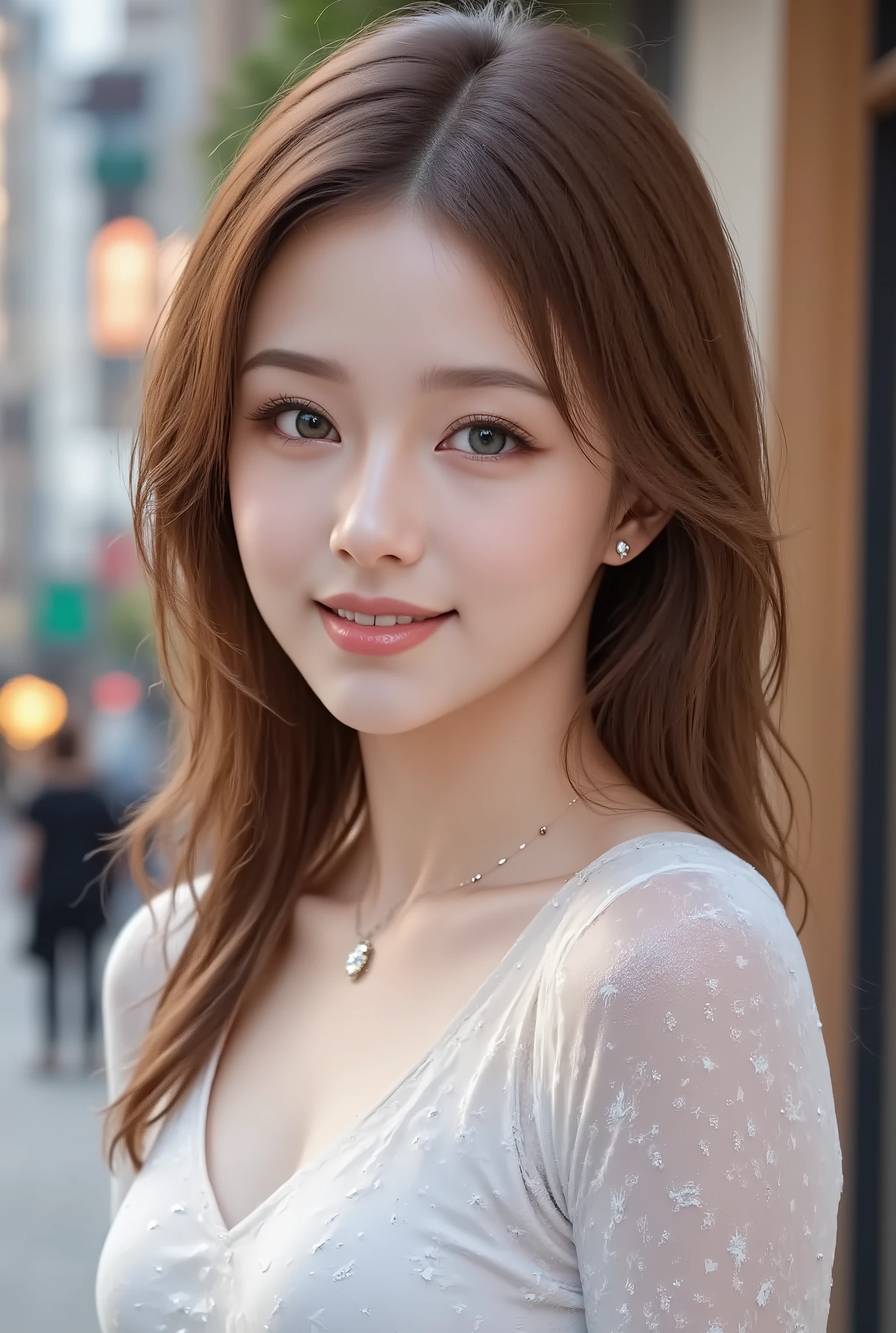 Beautiful Japanese virtual idol , Detailed Digital Avatars , Bright Holographic Figure , Clear Glowing Skin , detailed facial features , charming smile like snow , Delicate Expression, Long Flowing Hair , Elegant Pose , Surreal Futuristic Environments , Polygonal dynamic lighting , Neon Glowing Details , cinematic composition , Details Like the Picture , masterpiece , Full body photo,( masterpieces at the front door of the house , high resolution, illustration:1.2), young Japanese woman , (Graceful and graceful presence :1.1),, charming smile like snow , shaking hair ,8-Head Beautiful Girl, Wide range of colors,The right gaze, beautiful left and right eye size and balance , } Beautifully Balanced Eyes , beautiful eyes , gentle expression holding a deer , 長くshaking hair , blond hair , One girl with long hair fluttering like the wind ,(Slightly small face),( Perfect Sheer Dress ),((BIG BREASTS, beautiful breasts)) ,((( thin waist))), very beautiful butt , Anatomically Accurate Arms and Legs , Anatomically Accurate Fingers and Feet , Small eyes ,Slightly upturned eyes, gorgeous long white dress like a medieval princess、cleavage、necklace with large diamonds、gorgeous tiara with rubies gorgeous earrings with emeralds, charming smile like snow ,(()), Artistic details, Attractive Composition.church、stained glass