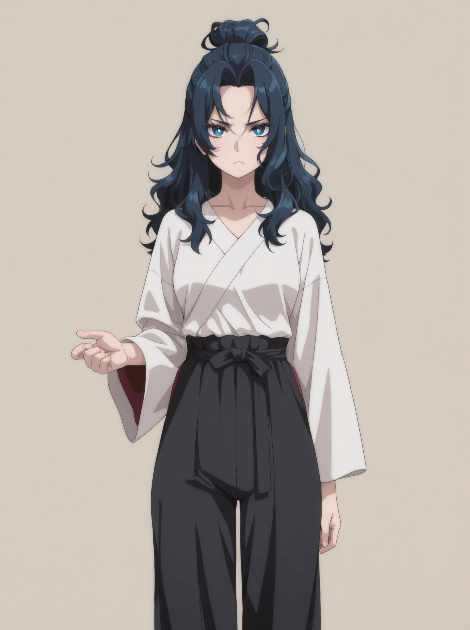 Masterpiece, Best Quality, Newest, Safe, Good , Good Resolution, Good Lighting. Beautiful, Anime, Normal. Japanese Women, Adult, Long Dark Blue Hair, Hairstyle: Wavy Hair, Intense Royal Blue Eyes, Light wrinkles, Frown, White Pupils, Black Eyelashes. Fair Skin, . She is 35 Years Old, Height 1'68 cm. Looking at Viewer, Alone, Background:Simple Beige Background. Wearing Clothing:White shirt, wide sleeves, black knee-length pants.