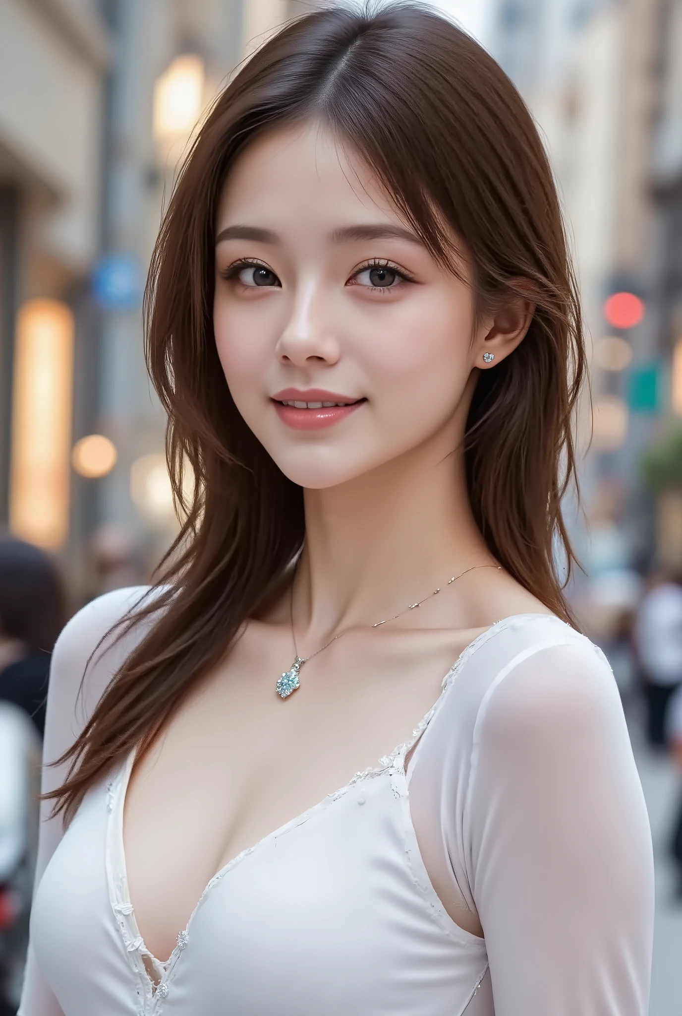 Beautiful Japanese virtual idol , Detailed Digital Avatars , Bright Holographic Figure , Clear Glowing Skin , detailed facial features , charming smile like snow , Delicate Expression, Long Flowing Hair , Elegant Pose , Surreal Futuristic Environments , Polygonal dynamic lighting , Neon Glowing Details , cinematic composition , Details Like the Picture , masterpiece , Full body photo:1.4,( masterpiece , high resolution, illustration:1.2), young Japanese woman , (Graceful and graceful presence :1.1),, charming smile like snow , shaking hair ,8-Head Beautiful Girl, Wide range of colors,The right gaze, beautiful left and right eye size and balance , } Beautifully Balanced Eyes , beautiful eyes , gentle expression holding a deer , 長くshaking hair , blond hair , One girl with long hair fluttering like the wind ,(Slightly small face),( Perfect Sheer Dress ),((BIG BREASTS, beautiful breasts)) ,((( thin waist))), very beautiful butt , Anatomically Accurate Arms and Legs , Anatomically Accurate Fingers and Feet , Small eyes ,Slightly upturned eyes, gorgeous long white dress like a medieval princess、cleavage、necklace with large diamonds、gorgeous tiara with rubies gorgeous earrings with emeralds, charming smile like snow ,(()), Artistic details, Attractive Composition、((((church、stained glass))))