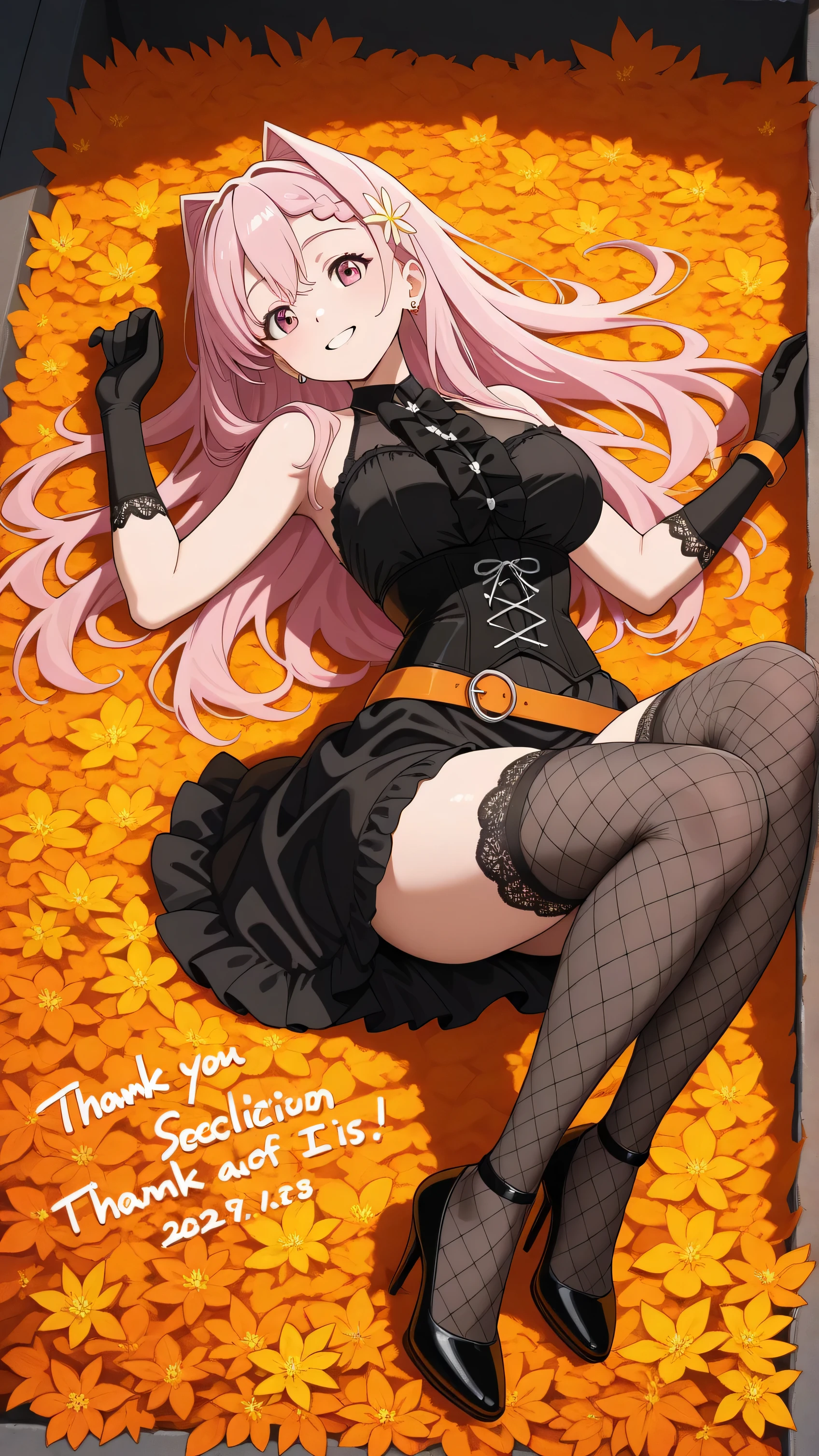  Aesthetic style ,(glow),Smooth anime,(  teenage woman  :1.3),(thank you ),mkhekaren \(Too Many Losing Heroines\), pink eyes, long hair, pink hair, hair intakes,braid,hair flower,hairclip,mearrings, ear piercing, Dynamic,masterpiece,high quality,Deep contrast,High precision in the selection,8K,High precision in the selectionCGユニット壁紙,texturas,  complete, smiling,  She wears an elegant and striking gothic festive dress: black corset with lace details, shoulders uncovered, wrist-length black gloves, with orange and black ruffles decorated with orange and black flowers. She wears a wide orange belt tied with a bow, black fishnet stockings and black heels. She has a headband adorned with orange flowers. The outfit is full of autumnal details, between dry leaves, marigold flowers and shades of orange and gold. is lying on her back on the floor, surrounded by autumn flowers and leaves. It has a slightly bent leg, The other one stretched to the side, wearing a wide orange belt tied with a bow. Their expression is smiley and flirty, looking directly at the viewer.