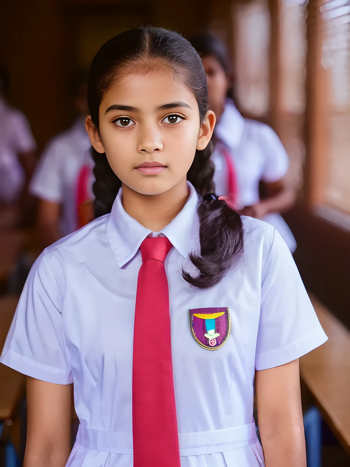 a teen girl in srilanka, detailed white frock, color tie, full body ,in the classroom , cinematic lighting, hyperrealistic, photorealistic, 8k, masterpiece, warm colors, natural lighting, detailed school uniform, detailed facial features, beautiful eyes, cute expression, high quality, intricate details