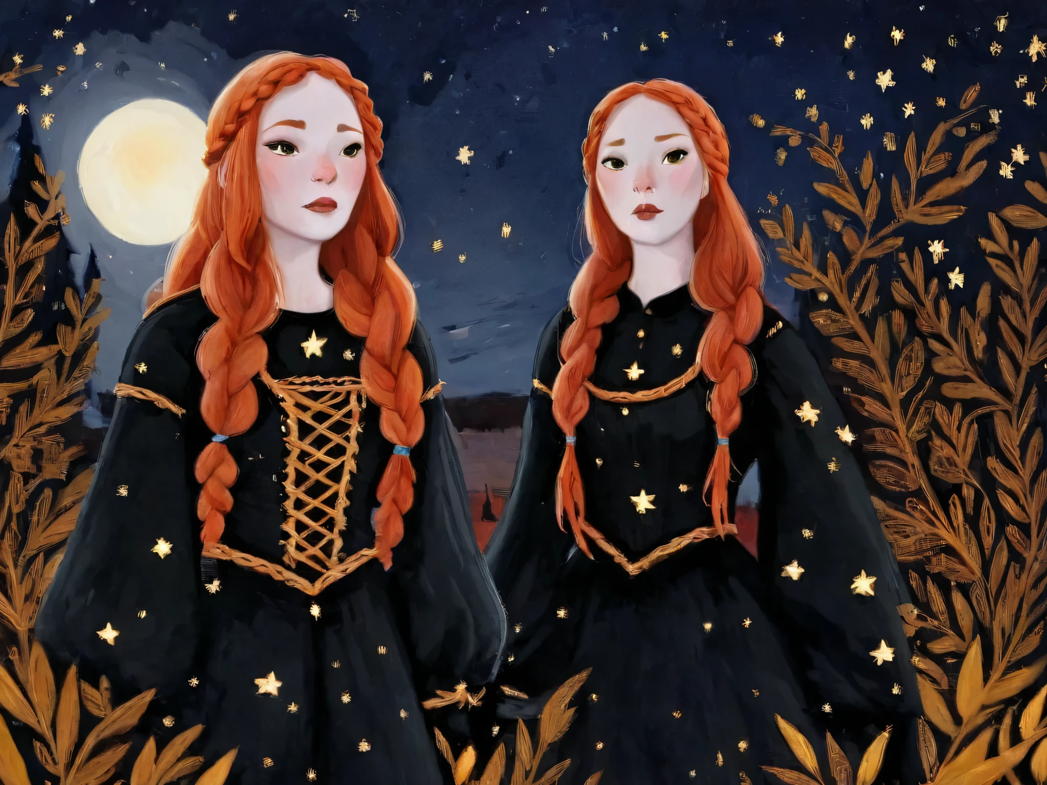 2D ART, hyper detailed gouache painting, illustration, gougoupaintleaves style, portrait of 1girl, pink fair skin, solo, long_hair, braided red hair, black eyes, detailed face, black medieval dress, standing before a night sky with golden stars and white mood, dumner