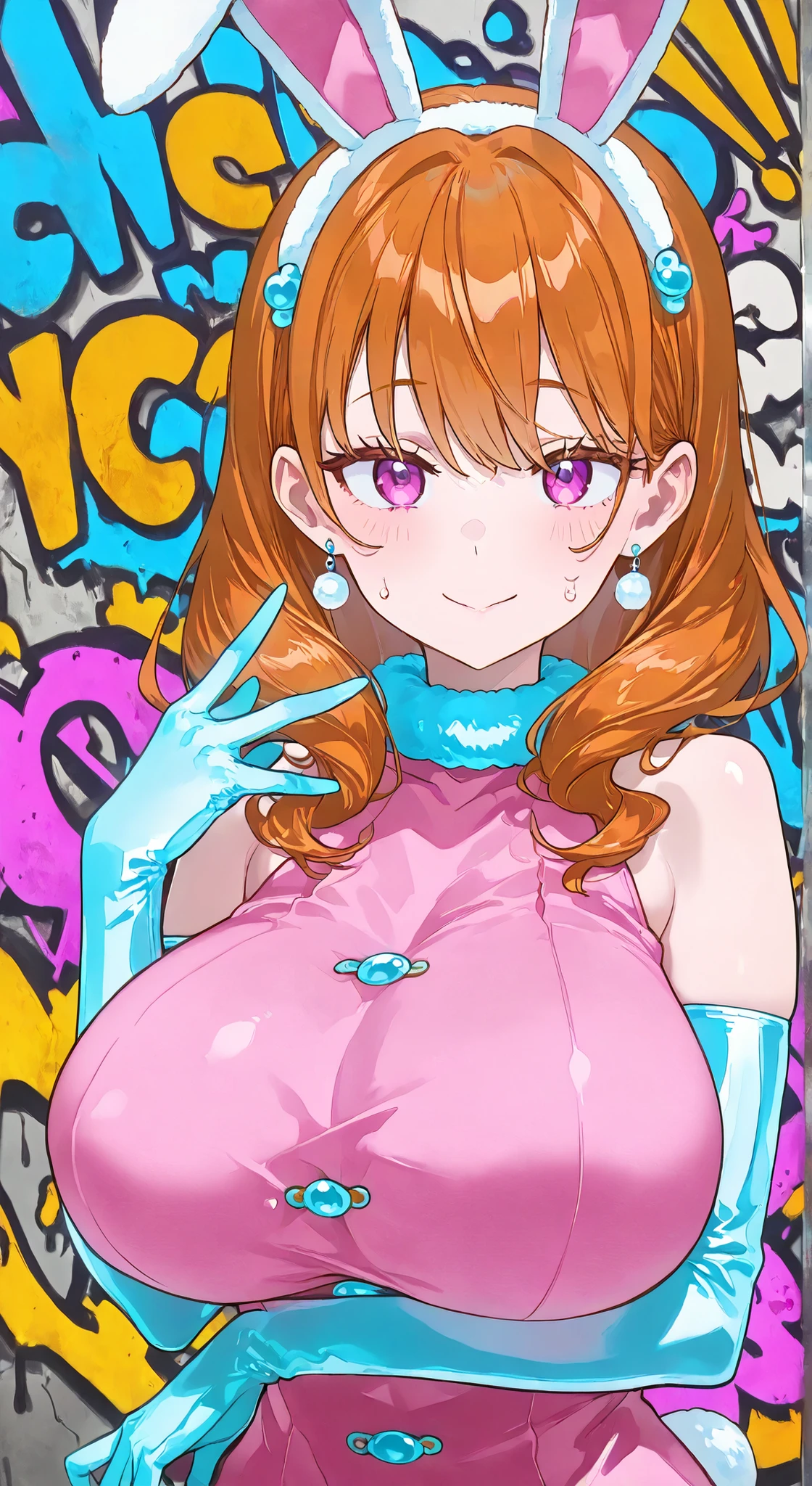 1 Girl, , Bright Skin, girl's hair, Bang, , , Highest Quality, Graffiti Background, high resolution, upper body, Sanrio costume, Pose, short stack, dynamic angles,、long gloves、big boobs、mature woman