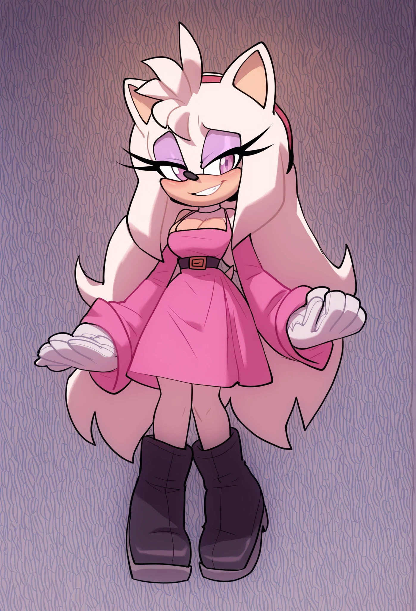 1girl, solo, Sega, hedgehog, female, Mobian Hedgehog, white gloves, long sleeves, lavender dress, spy outfit, lavender eyes, white hair, long hair, extremely long hair, hair over shoulders, white fur, animal ears, anthro female, eyelashes, baggy sleeves, (Bigdad/character), Sonic OC, black boots