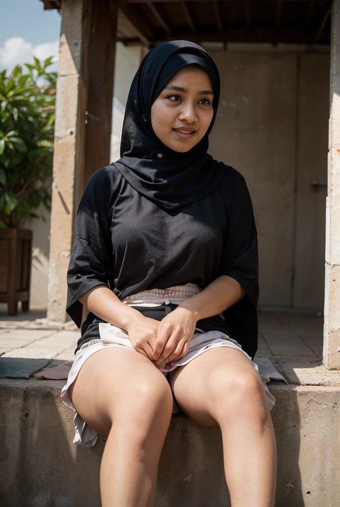 A 52 years old ????? Indonesian woman in hijab, very dense pubic hair, darker skin, curvier body, short body, ????????????, small ???????, villager, poor girl, wearing floral pattern hijab, wearing black long sleeve tight t-shirt, ??????????, wearing no pant, wearing ????????, wearing no panties, smiling and standing in village, look to the viewer with eye close