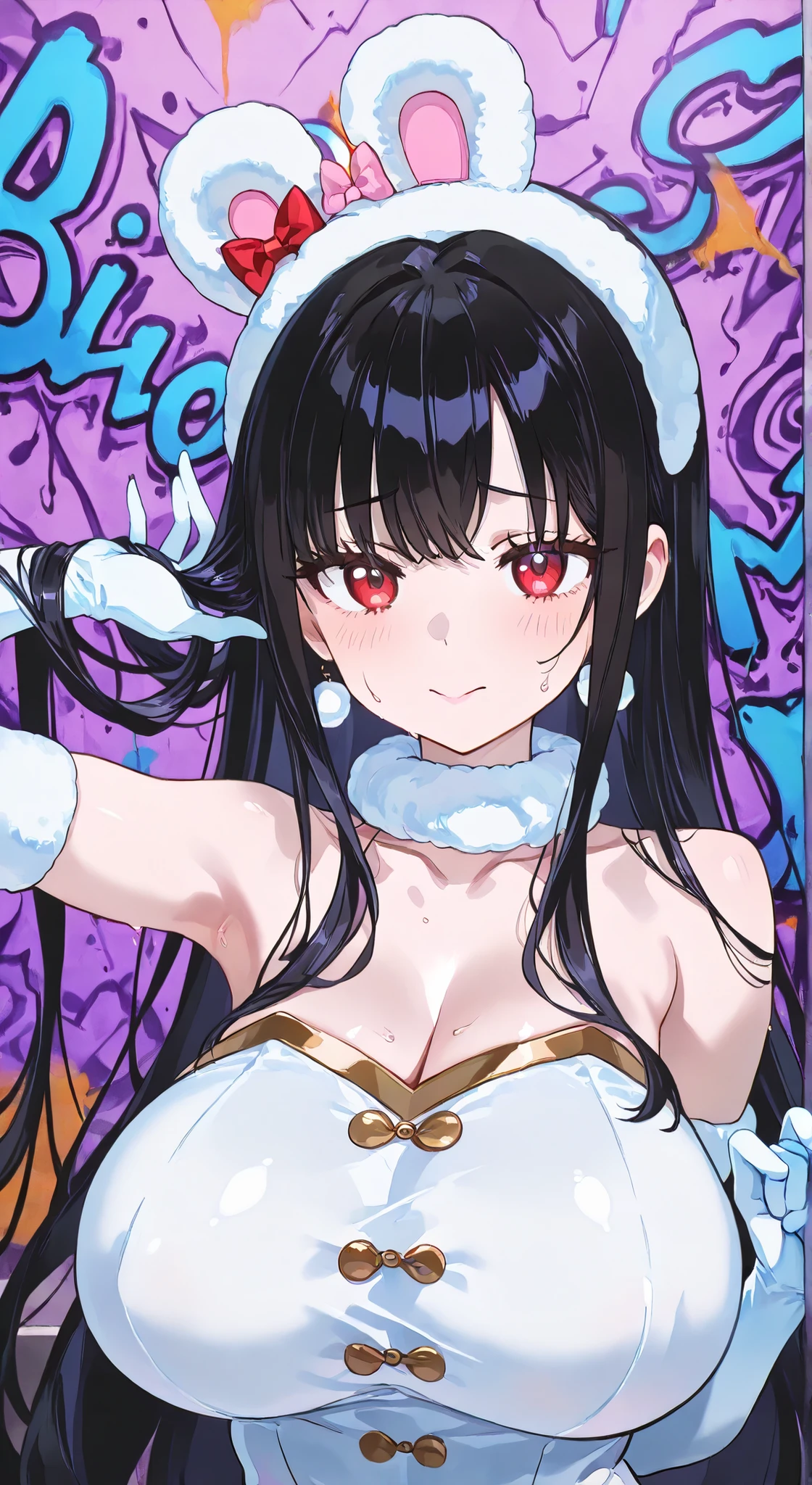 1 Girl, , Bright Skin, girl's hair, Bang, , , Highest Quality, Graffiti Background, high resolution, upper body, Sanrio costume, Pose, short stack, dynamic angles,、long gloves、big boobs、mature woman、are erotic、