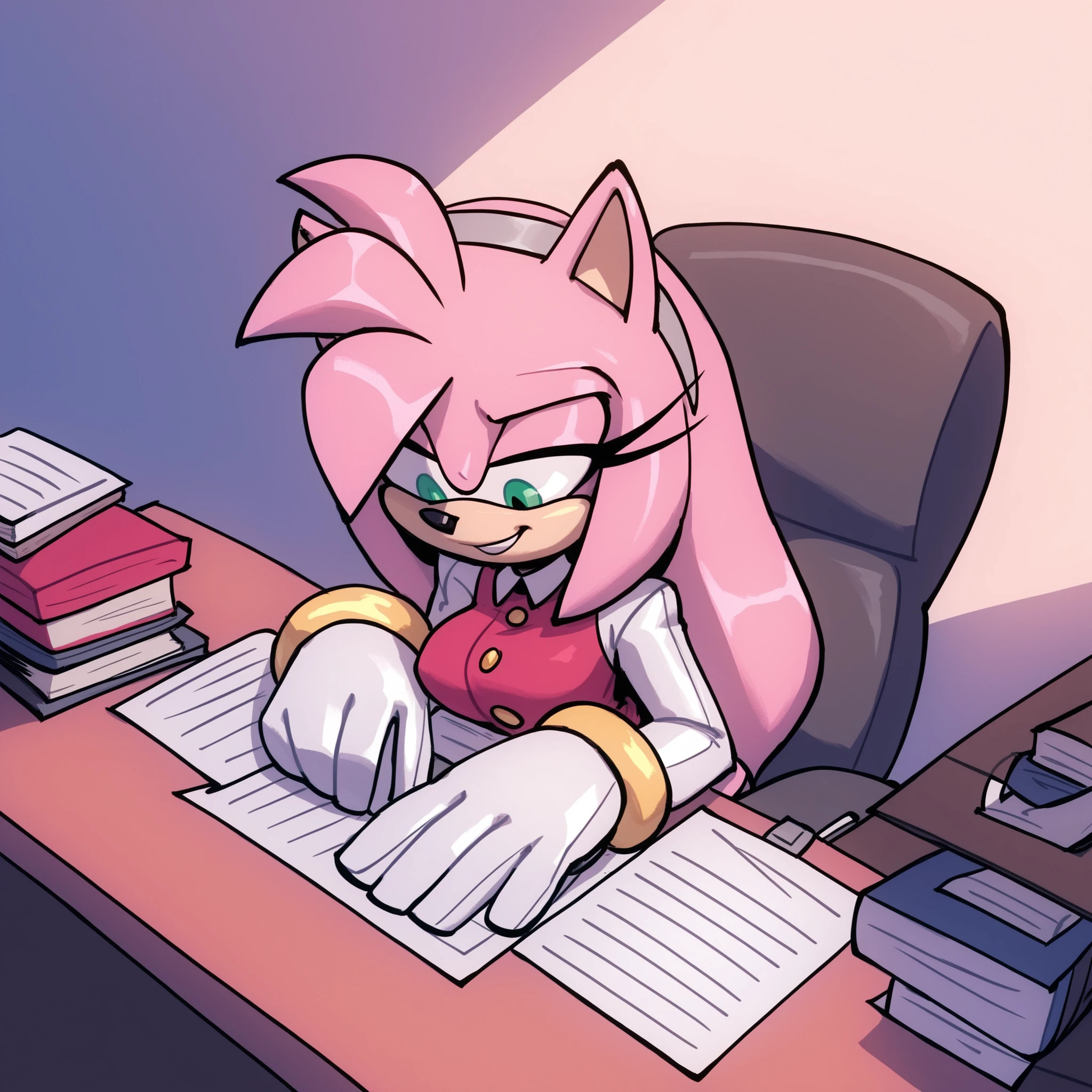 (Bigdad/character), Sega, Amy Rose, pink fur, hedgehog, female, solo, office, medium breasts, fluffy fur, pink hair, long hair, extremely long hair, hair over shoulders, ((light gray pantsuit)), white gloves, gray headband, (furry), green gradient eyes, relaxed expression, evnstnly, (Mobian)