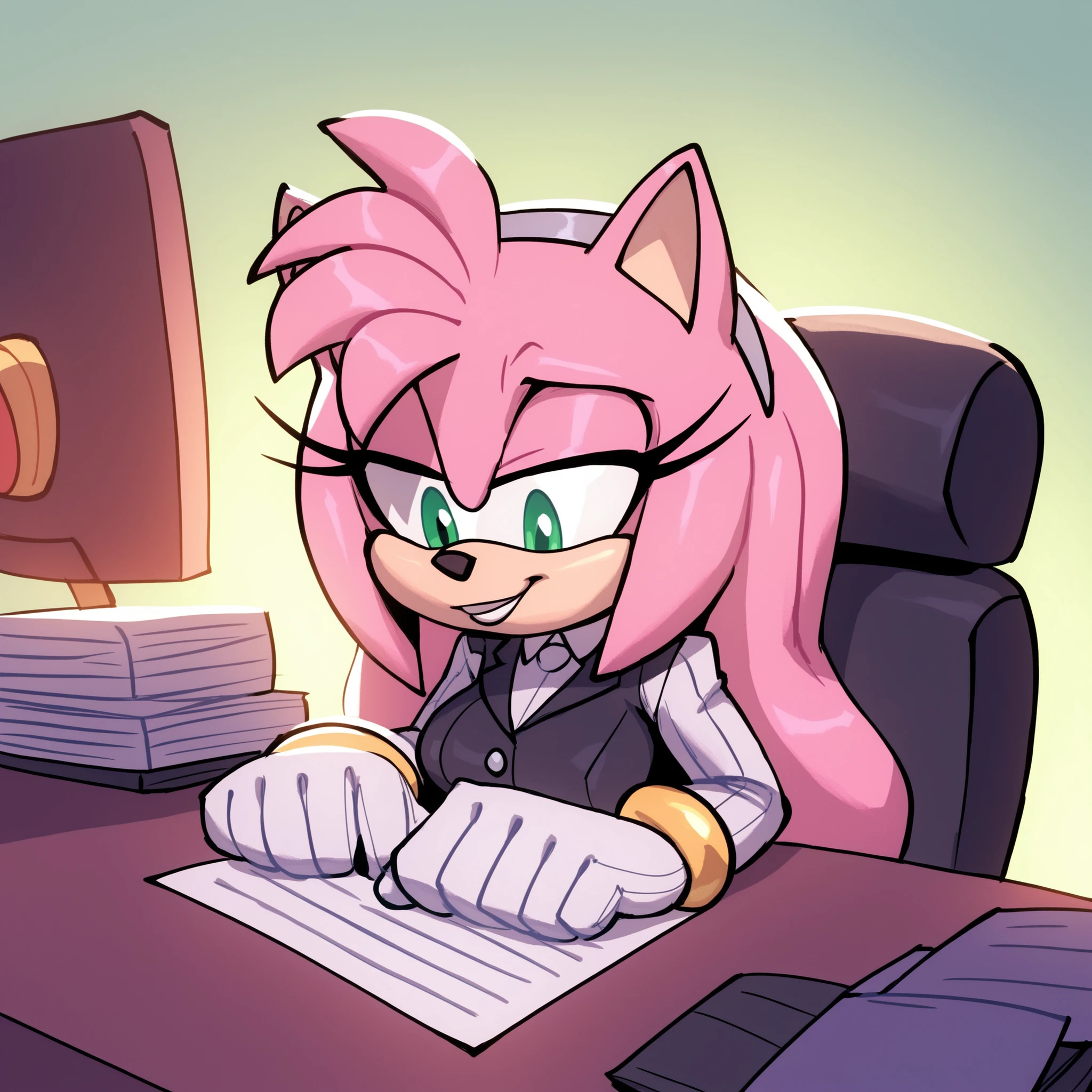 (Bigdad/character), Sega, Amy Rose, pink fur, hedgehog, female, solo, office, medium breasts, fluffy fur, pink hair, long hair, extremely long hair, hair over shoulders, ((light gray pantsuit)), white gloves, gray headband, (furry), green gradient eyes, relaxed expression, evnstnly, (Mobian)