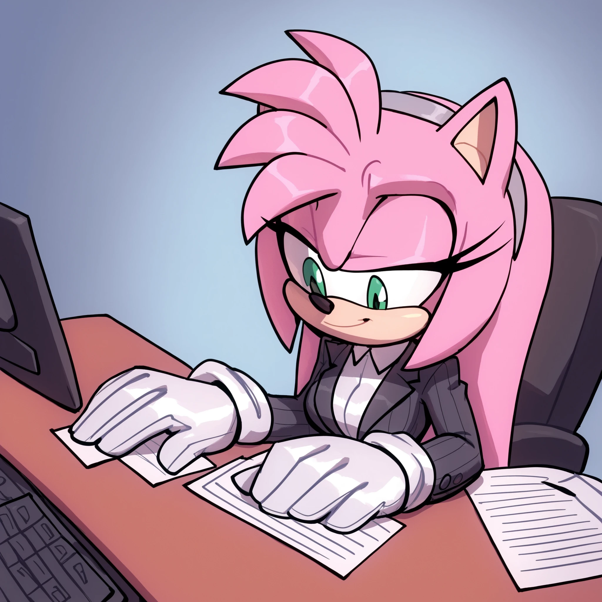 (Bigdad/character), Sega, Amy Rose, pink fur, hedgehog, female, solo, office, medium breasts, fluffy fur, pink hair, long hair, extremely long hair, hair over shoulders, ((light gray pantsuit)), white gloves, gray headband, (furry), green gradient eyes, relaxed expression, evnstnly, (Mobian)