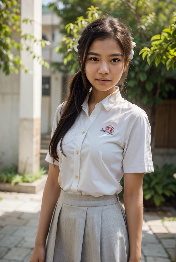 RAW, Best quality, high resolution, masterpiece: 1.3), Beautiful young java woman,  pose, sitting, , sensual body, big breasts, SMA, 1girl, cewe-sma, from fitting, white shirt, gray skirt, belt, ((At the rock river jungle)), night, fog, hiking, pullover, , highres, 4k, HDR, 1girl, photorealistic, realistic, big breasts, ((whole body)) turning away  at viewer, closeup, heavy mountains, misty, fog