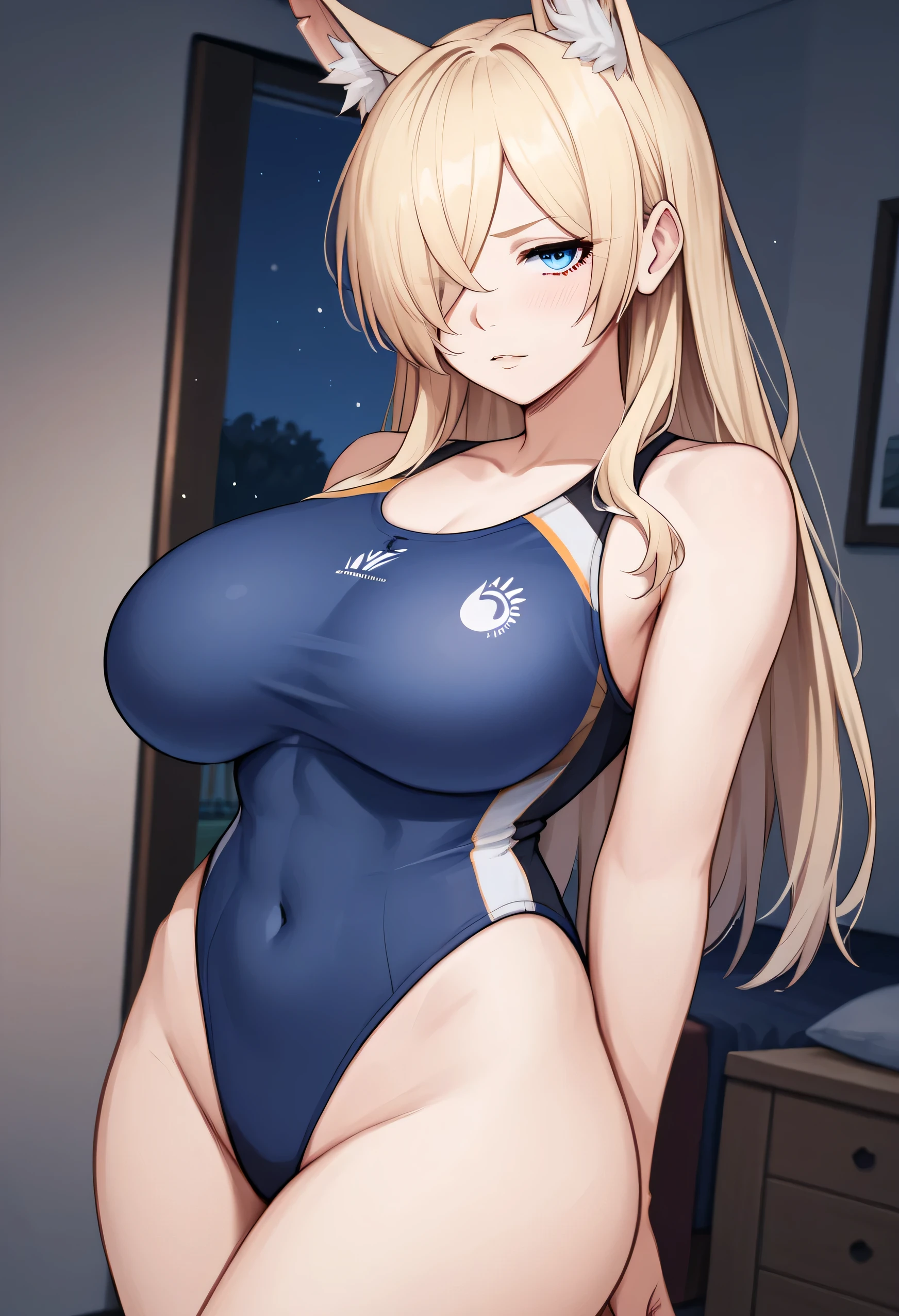 ((high res)), (Masterpiece), perfect , perfect shading, field of depth, (best quality), KannaBA, 1girl, big breasts, big hips, small lips, parted lips, standing, seductive pose, serious, closed mouth, animal ears, notched ear, animal ear fluff, long hair, blonde hair, hair over one eye, blue eyes, blue swimsuit, bedroom, night, perfect angle, close up, closeup