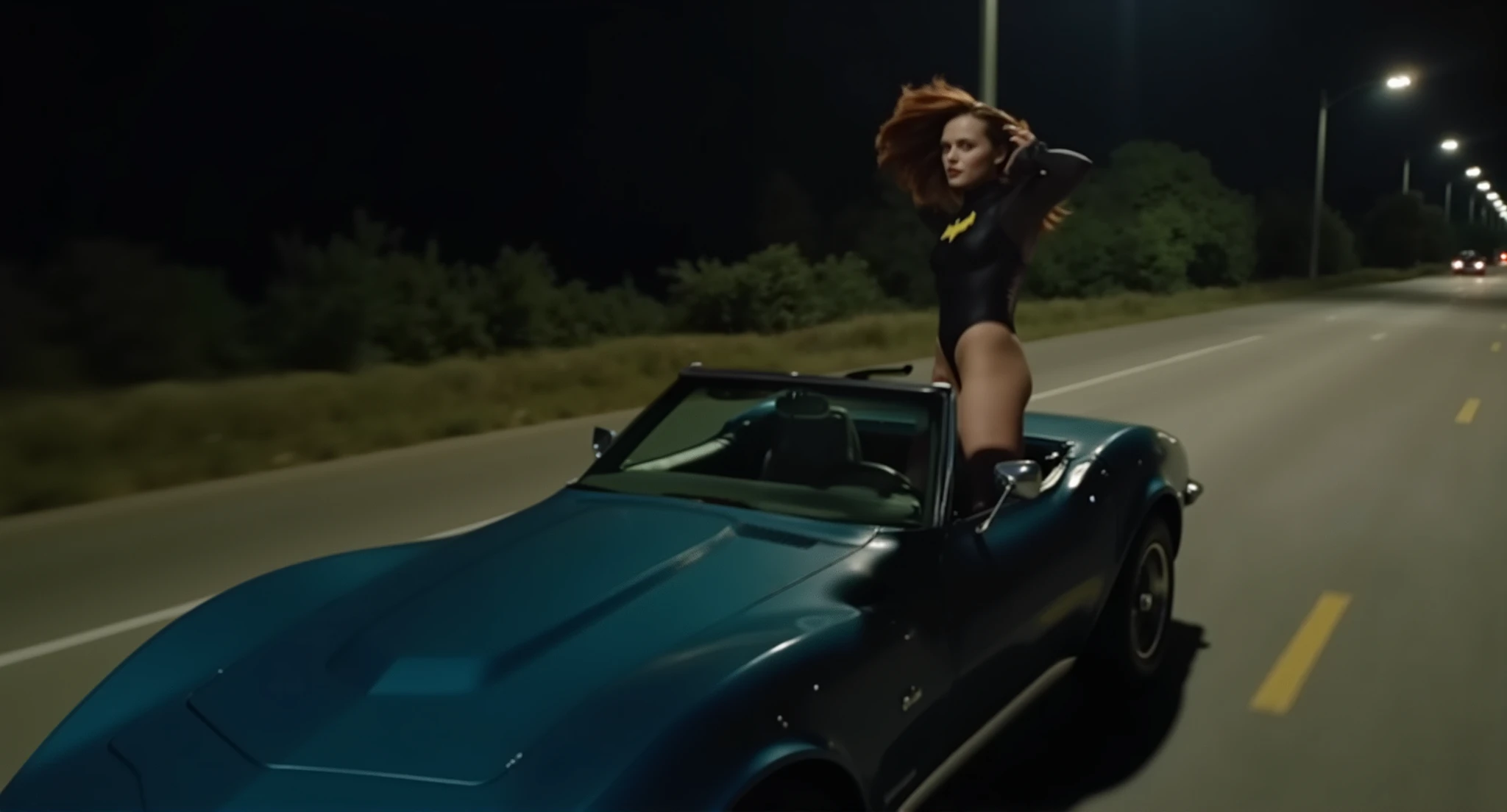 Nighttime.  Cinematic movie still.  One car.  Ultra close up low angle shot of a (((dark bluegreen))) 1973 corvette convertible driving at high speed on a (((dark))) road (((at night))).  (((No streetlamps are shown))).  . .  The camera is mounted on the front fender of the car facing backward.  (((Only the hood and windshield of the car is shown))), with the road making up the rest of the image.   Christina Ricci with dark red hair blowing in the wind, dressed as batgirl wearing a full length black  with a yellow batgirl symbol on the ,  stands behind the windshield on the driver seat of the speeding corvette. She has a detailed face in sharp focus, perfect , two arms, two legs, perfect hands.  She reaches forward and puts one hand on the windshield for support, her other hand holding her head. Her thigh is visible through the windshield.   she is looking forward at the road.  She prepares to climb over the windshield.  Everything is in focus but the road is blurred due to the motion of the car.  The road shows motion blurring.  Miami Vice style image.  No streetlights.