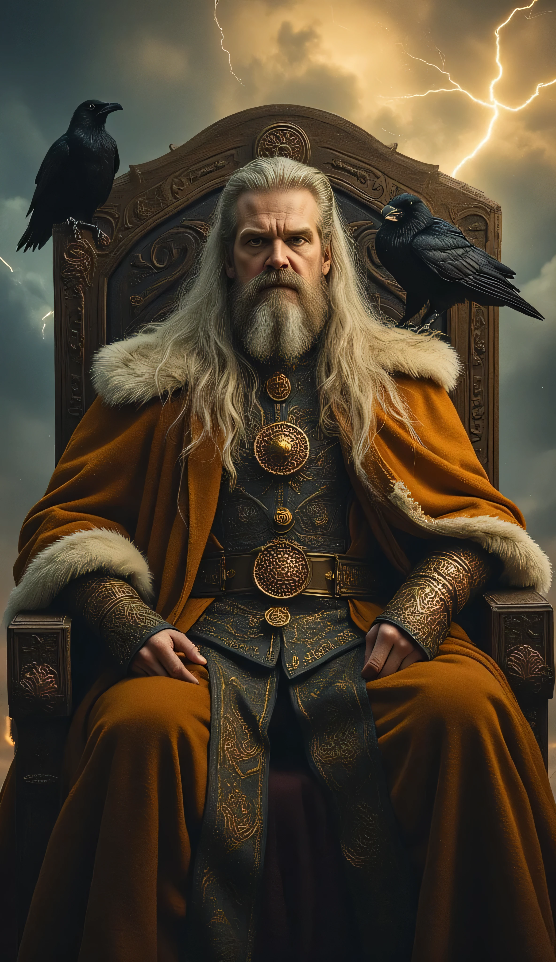 David Harbour as Odin, the Norse All-Father, sitting, ancient wooden throne carved with Norse symbols, wears regal cloak of burnt orange and gold, lined with fur, intricate armor adorned with knotwork and divine insignias, long white hair and beard flow, dim stormy light, two ravens rest on his shoulders and arms, dramatic sky, golden clouds, lightning, divine power, calm wise and commanding expression, god gaze, mythic moody and painterly atmosphere, ancient Norse legends