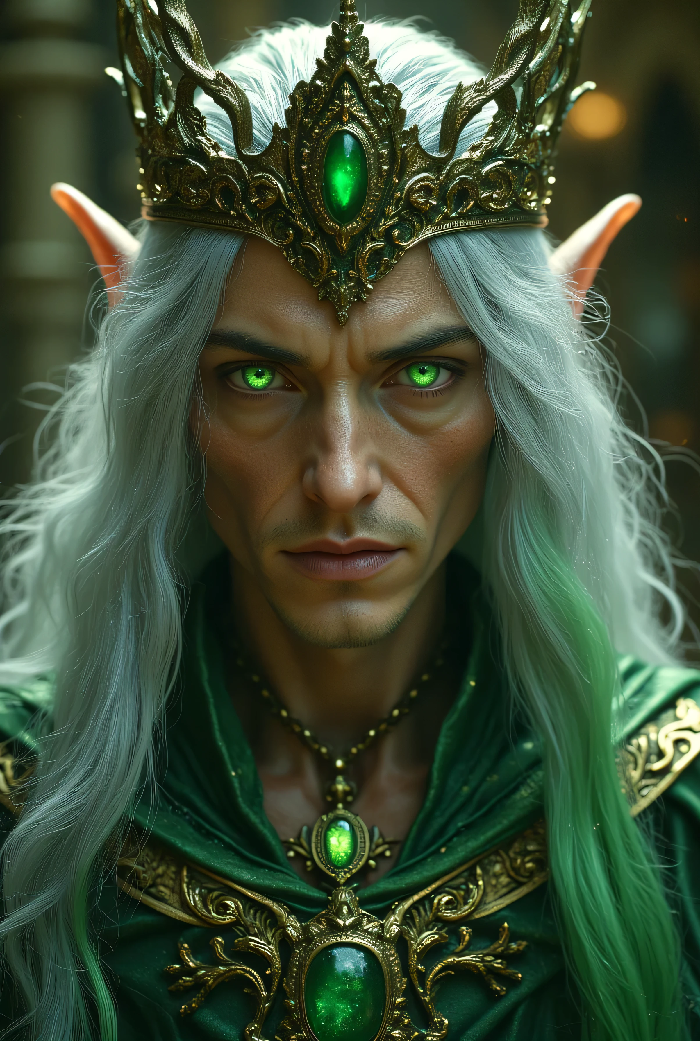 hanging eye、VERY BIG GREEN EYES、Silver and Green Wave Long Hair、OLDER MALE ELF、very thin cheeks、Clean, Tall Nose、Smooth, Thin Jaws、Elf King with a Very Big, Tall, and Luxurious Crown、A man with a gorgeous necklace、Gorgeous Magical Cloak、King's Luxurious Fantasy Outfit、real fantasy、Ultra fine and precise live action、Magic Castle、Father's Male Elf(hanging eye)