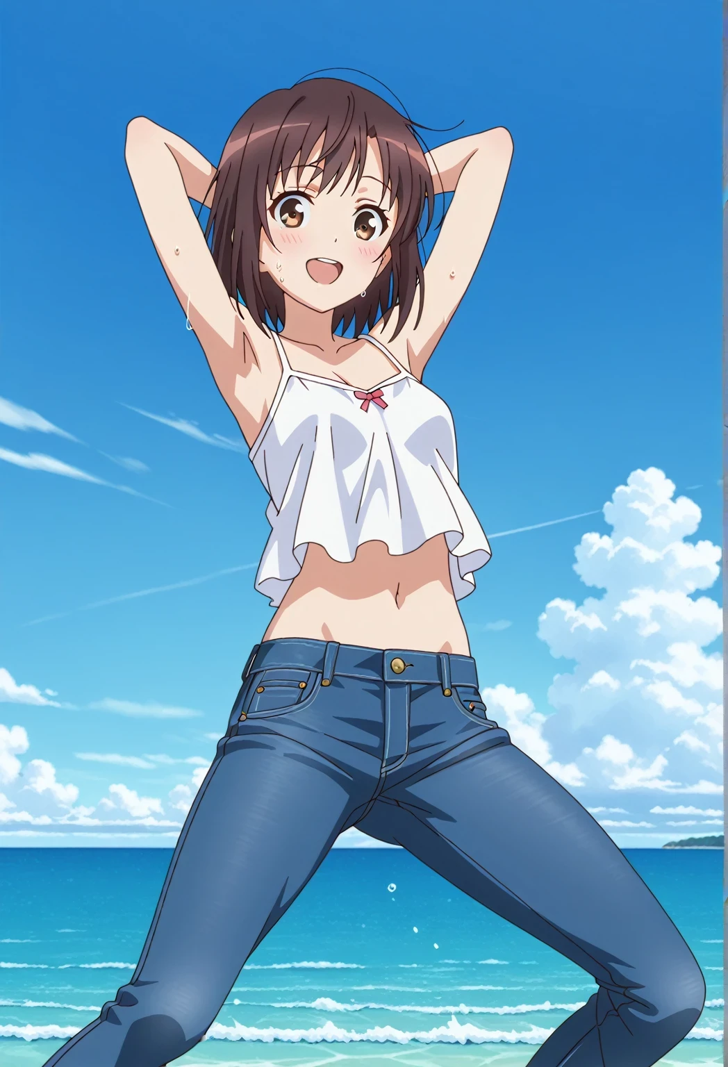 score_9, score_8_up, score_7_up, source_anime, highres, hi res, ((best quality, top quality, perfect quality, Highest Quality, amazing quality)), {{masterpiece}}, {{an extremely delicate and beautiful}}, 2d, intricate details, official style, anime, 8k, anime style, official_anime, official art, digital painting, cell shading, soft shading, high resolution, soothing tones, Subdued Color, Soft cinematic light, adobe lightroom, photolab, HDR, intricately and hyper-detailed, ((high quality animation)), 1 girl, Alone, solo, ((ocean)), tsunami, on the water, day, sunny, outdoors, sky, windy, megumi katou, dark brown hair, brown eyes, short hair, anime screencap, small breasts, white camisole top, crop top, white crop top, best quality, hyper-detailed jeans, ((blue jeans:1.9)), (dark blue jeans:0.6), full medium body, medium shot, Open mouth, smiling, happy face, blush, sweat, standing, ((arms behind head:6.0)), bowlegged, jumping pose, action, looking at viewer, spread legs, Bend knees slightly, straight-on front view