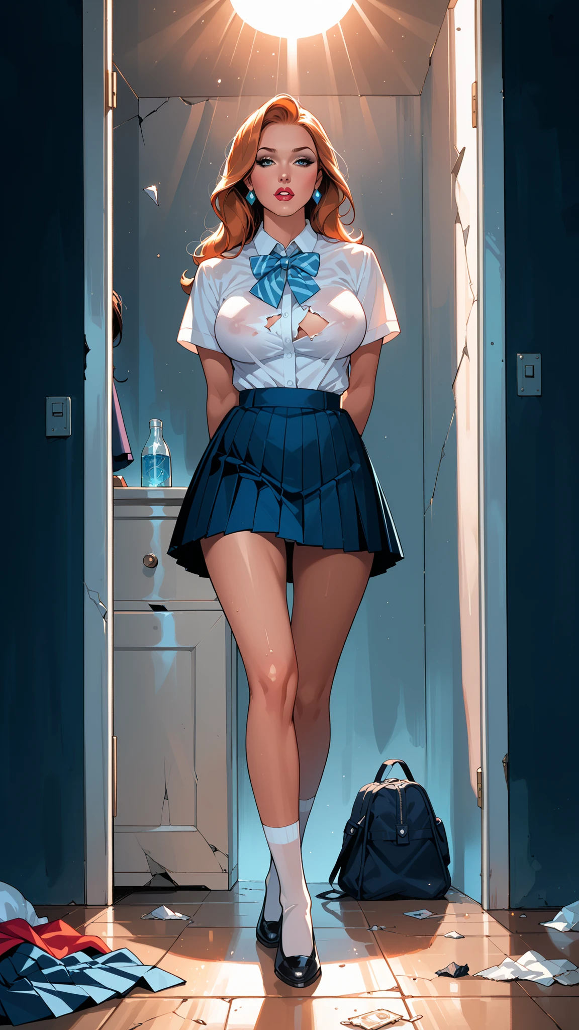 sexy disney princess, A beautiful bishojo-style anime illustration of a student, breaking the rules, with a secret double life. She is standing in her bedroom in white underwear, Shown from behind. Her Japanese school uniform is scattered across the floor, while she reaches out to her closet for her superhero costume. dramatic lighting, has intricate details on a discarded form, and the superhero costume, cozy ending x} clean line, bright colors, high contrast, studio-quality rendering
transparent,big breasts,
