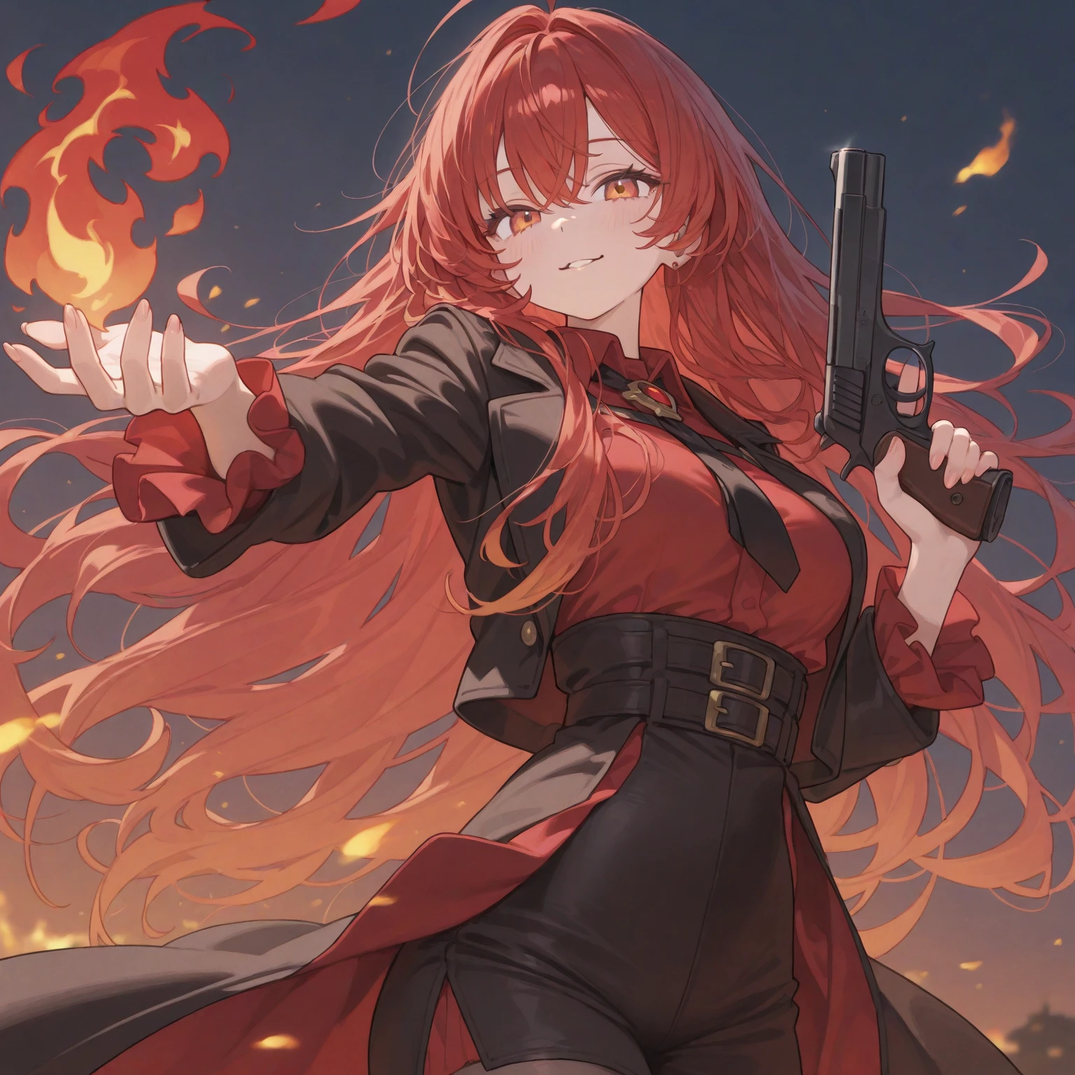 Highest quality, masterpiece, One Girl,Not beautiful, Red Ponytail, Long dress, brooch, Hair Ribbon, - Elbow hand pockets, Black knee socks, Standing on the rubble, Cityscape in a sea of fire, (Wicked Smile:1.1), ,,Dark shadowed face,Sadistic smile,Malice,Contempt,smile,,Bad face,,Red Skirt,



