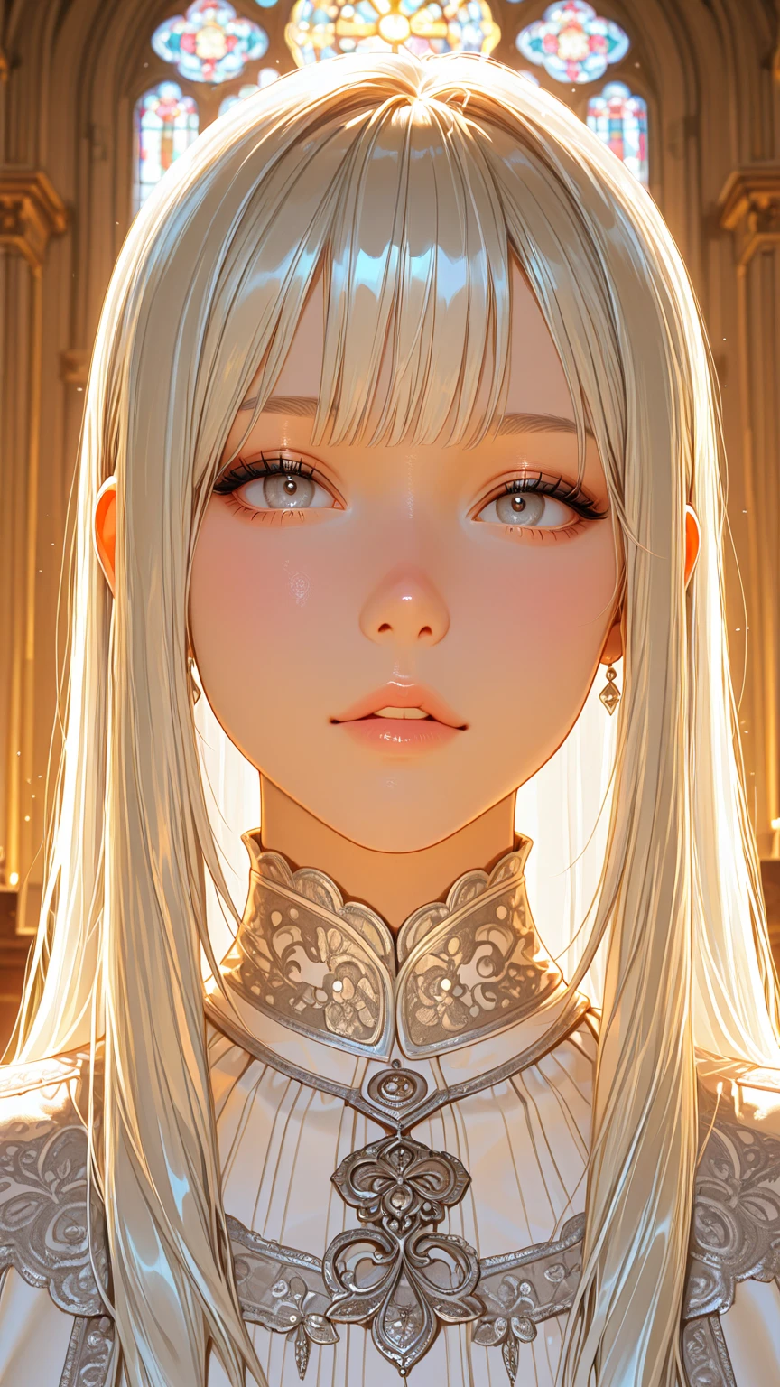 best quality, masterpiece,white hair, gold eyes,white clothes, looking up, upper body,hair strand,Fair skin,side braids