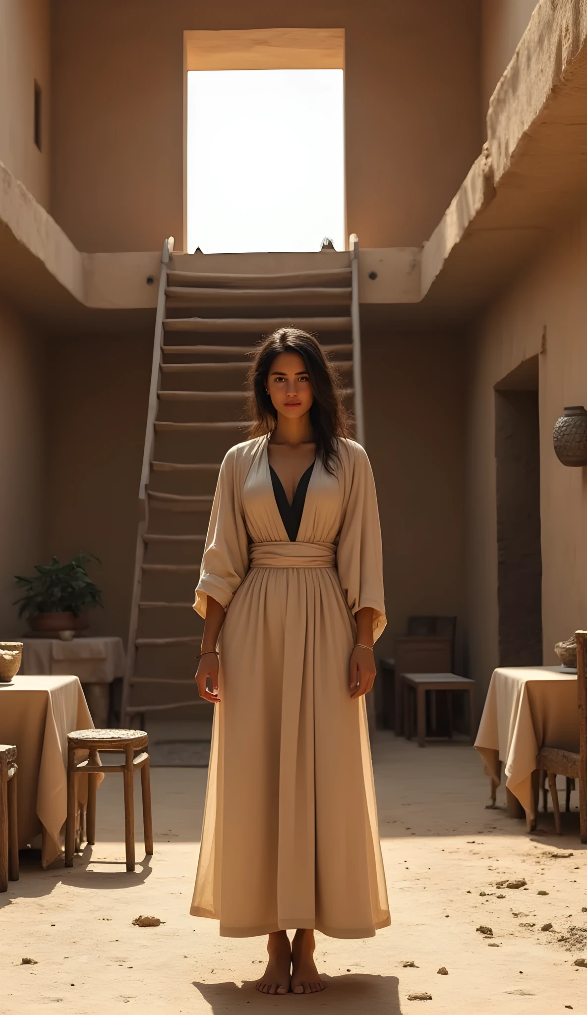 Bronze age era,(ancient minimalist housing:1.6), ((Realistic cinematography cinematic medium angle depth intense details of realistically inside the mud brick dining room enclosed)),(there is step brick ladder to the open attic),focusing on a symmetrical beautiful Persian female,behind her there is a step brick ladder,,,(every features are depicted clearly),(realistically and intricately depicting scenery),((prehistoric age)),,(wearing primitive long size linen fabric cloak tunic dressing|fully linen woven kimono dress enveloping her whole body),long skirt,(perfectly depth symmetrically precisely busty full body shaped),(cinematic dynamically camera filmography angle scenery:accurately depicted:1.3),the lively prehistoric cradle of historcal depicting scenery,afternoon,realistically full depth,summer season,(cinematography dynamic angle|hyperrealistic:realistic scenery:3d texture over the scenery),best videography angle,hdr,masterpiece,8K,(cinematography vibe),primordial folk fabric wardrobe,(dynamic image composition),(octane 3d rendering|50mm lens shot:1.3),(precise lifelike texture:realism),(best rule of third photography composition),(best image aperture),(full details depth of field),(best shutter speed),(RAW photo image),(photorealistic|photorealism:hyperrealism style),(realistic depth 3d:cgi:1.3),(trending on cgsociety:devianart:unreal engine 5),,(best photography:national Geographic style), bronzePunkAi and sandalPunkAi artwork, digital art,best lighting concept,(realistic intricately fixed fully accurate human's body anatomically),natural motion,inspired by farcry5 game artwork,((SFW)),
