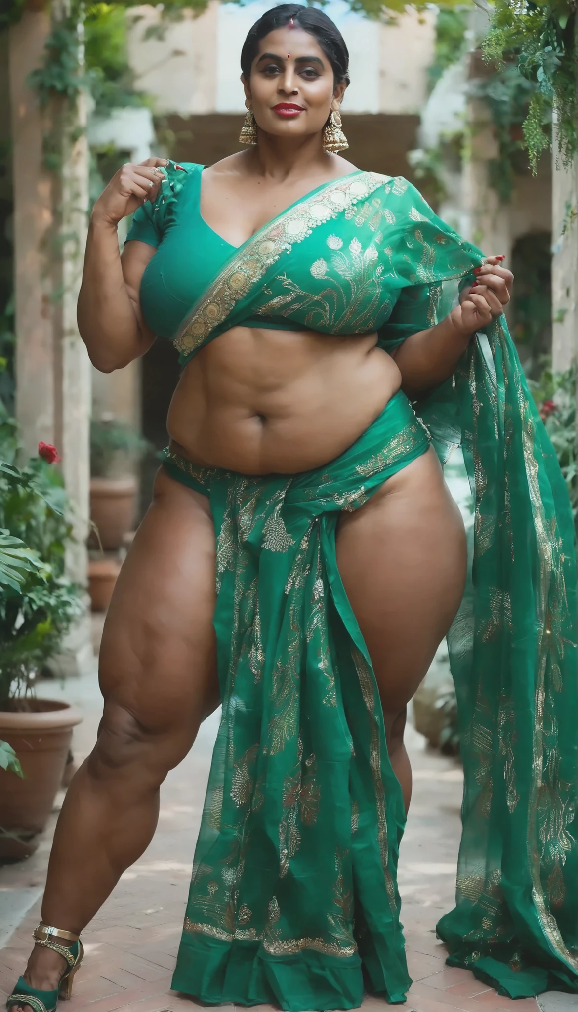 1woman, solo, mature, Indian woman,big breast, thick wide hips, thick wide thighs, thick muscular thighs, exposed thighs, chubby hips, wide curvy hips, voluptuous body, Curvy body, thicc woman, navel, exposed belly, on squats position, indian woman, indian baddie, indian culture, red bindi on her forehead, red lipstick, masterpiece, looking at viewer, half body, closer