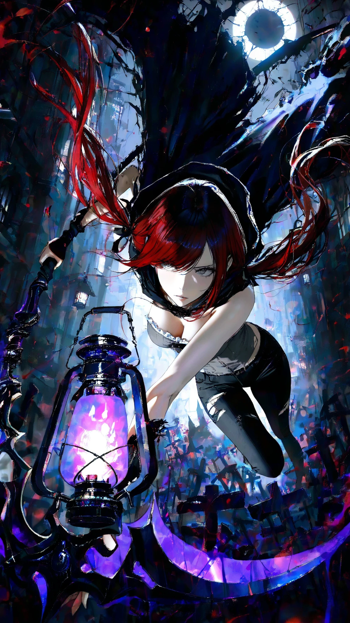 Realistic, abstract painting,One adult woman fights against plant vines at a forest graveyard at night,(fluttering petals), get ripped off ,Gravestone,maorix, BREAK gray eyes, dark red hair, long hair, low twin tails, swept bangs, stoic, strapless sleeveless shirt, white frill trim, gray shirt, hair ribbons, black trousers, lantern, glowing lantern, black cloak, tattered cloak, black scythe with glowing purple edge, thin,dramatic composition with ink splatter effects, manga style with explosive effect,dramatic lighting,dynamic pose, foreshortening, extreme perspective,lensflare-style,lens flare,
