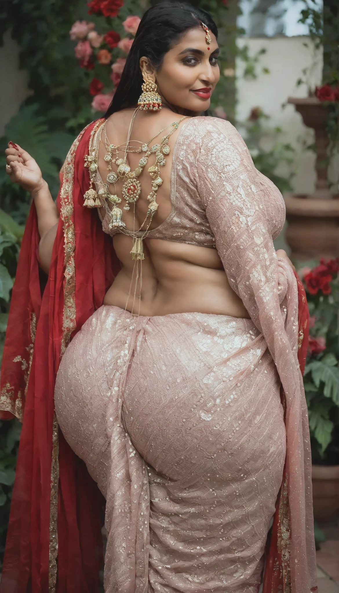 1woman, solo, mature, Indian woman,big breast, thick wide hips, thick wide thighs, thick muscular thighs, exposed thighs, chubby hips, wide curvy hips, voluptuous body, Curvy body, thicc woman, navel, exposed belly, indian woman, indian baddie, indian culture, red bindi on her forehead, red lipstick, masterpiece, looking at viewer, half body, closer, showing her huge chubby ass, huge fat ass, huge shaggy ass(Back view), looking at viewer