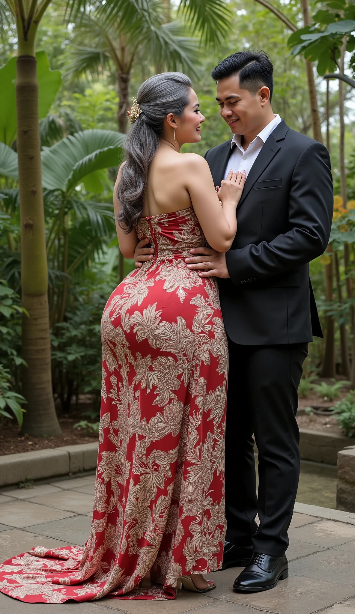 A Javanese attractive mature woman with a provocative curvaceous body, realistic big breast and nipples, is 60 years old and has a figure with prominent curves, a plump with perfect proportions curves, generous curves and plus-size, a body with an hourglass figure, her voluptuous wide hips harmonize with slender wasp waist, with wide legs and wide thighs well-shaped, and her butt in good shape, plump and shaped buttocks. She has characteristics typical of her age, slight wrinkles on her face and gray hair, long hair with an elegant Javanese Bun style hairstyle, has beautiful and fine facial features. She wear a long and loose batik kemben dress and wear transparent glass heels. She is in a beautiful garden adorned for a wedding, she is a bride for her young son who is tall and thin, 20 years old. He was wearing a casual suit and had black hair, He is next to her, look face to face , he holds her with passion and places his hand close to her buttocks. they was captured is a modern hyperrealistic cinematic style, captured on a full body overview, with hyperrealistic details and good focus quality.