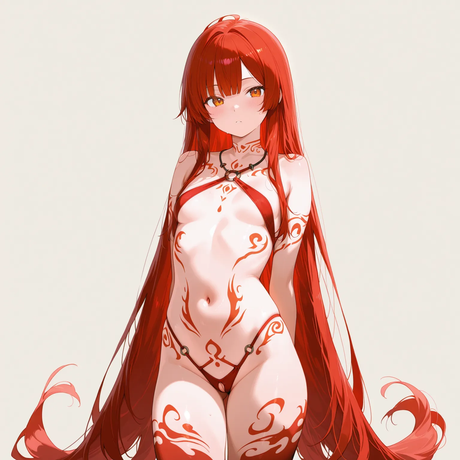 ((highest quality)), ((masterpiece)), (be familiar with),Lady,Red hair,((nsfw)),Pussy,Small breasts,Flat Chest,Small breasts,Big nipples,Erect nipples,Large areola,Tattoo of the uterus,The uterus is visible