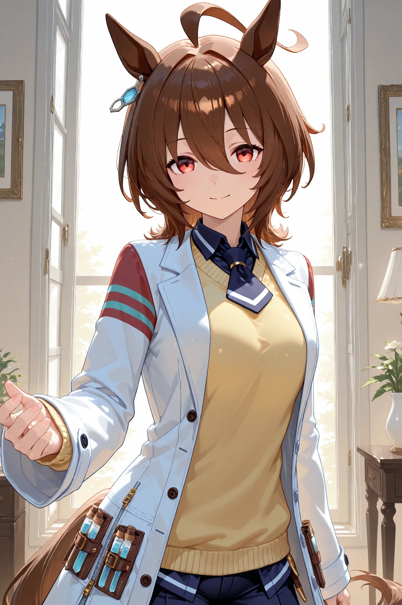 (masterpiece, best quality:1.2), solo, 1girl, agnes tachyon, smile, looking at viewer, horse ears, labcoat, sweater, necktie, pantyhose, single earring, solo focus, solo, night sky, forest, arms behind head, contrapposto, spread armpits, closed mouth, smile, cowboy shot, 