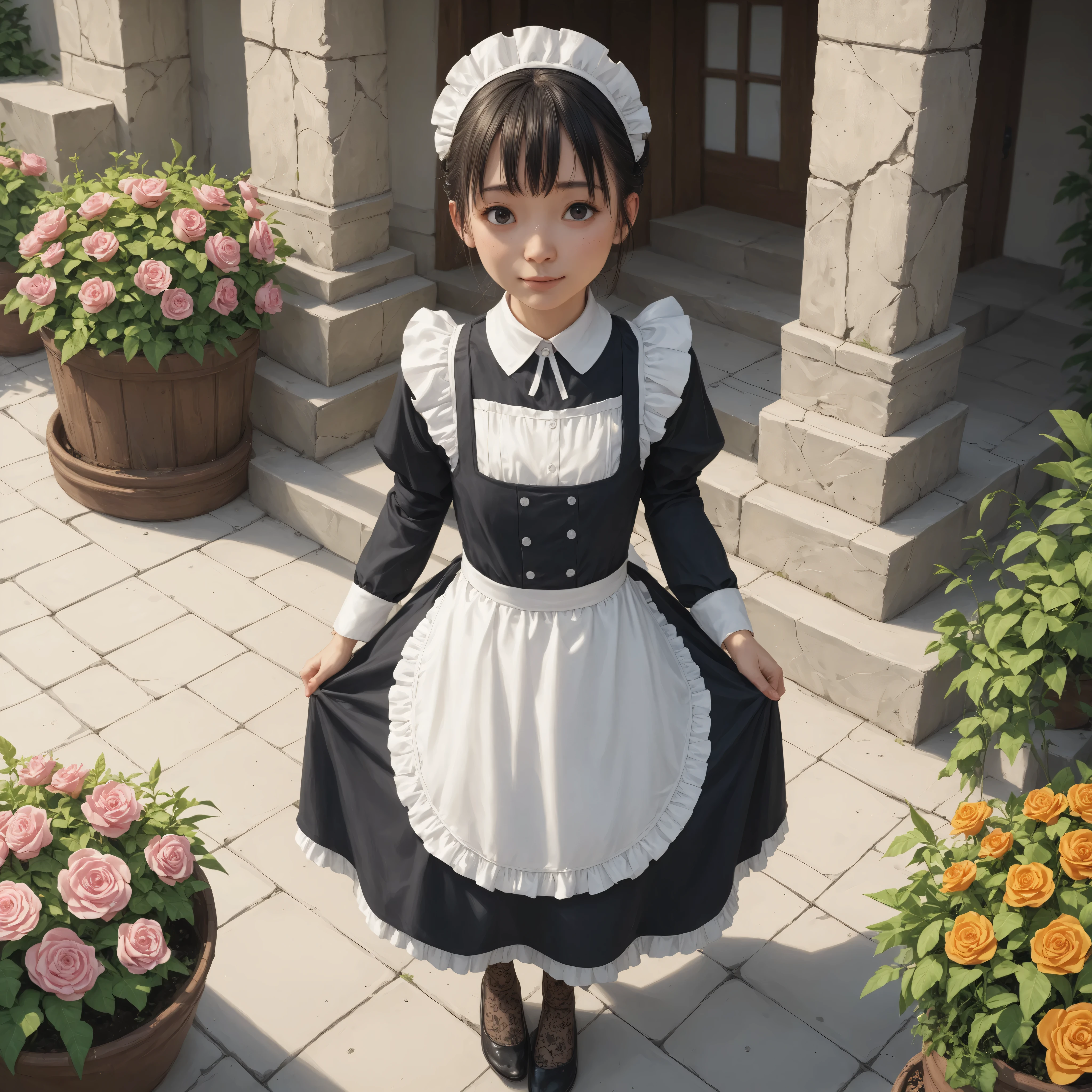 one girl、maids,Look at the audience,(skinny:0.62),(younger:0.57),from above,slouches forward,Watering flowers outside the mansion,japanese,(Smile Yang:0.58),black lace stockings