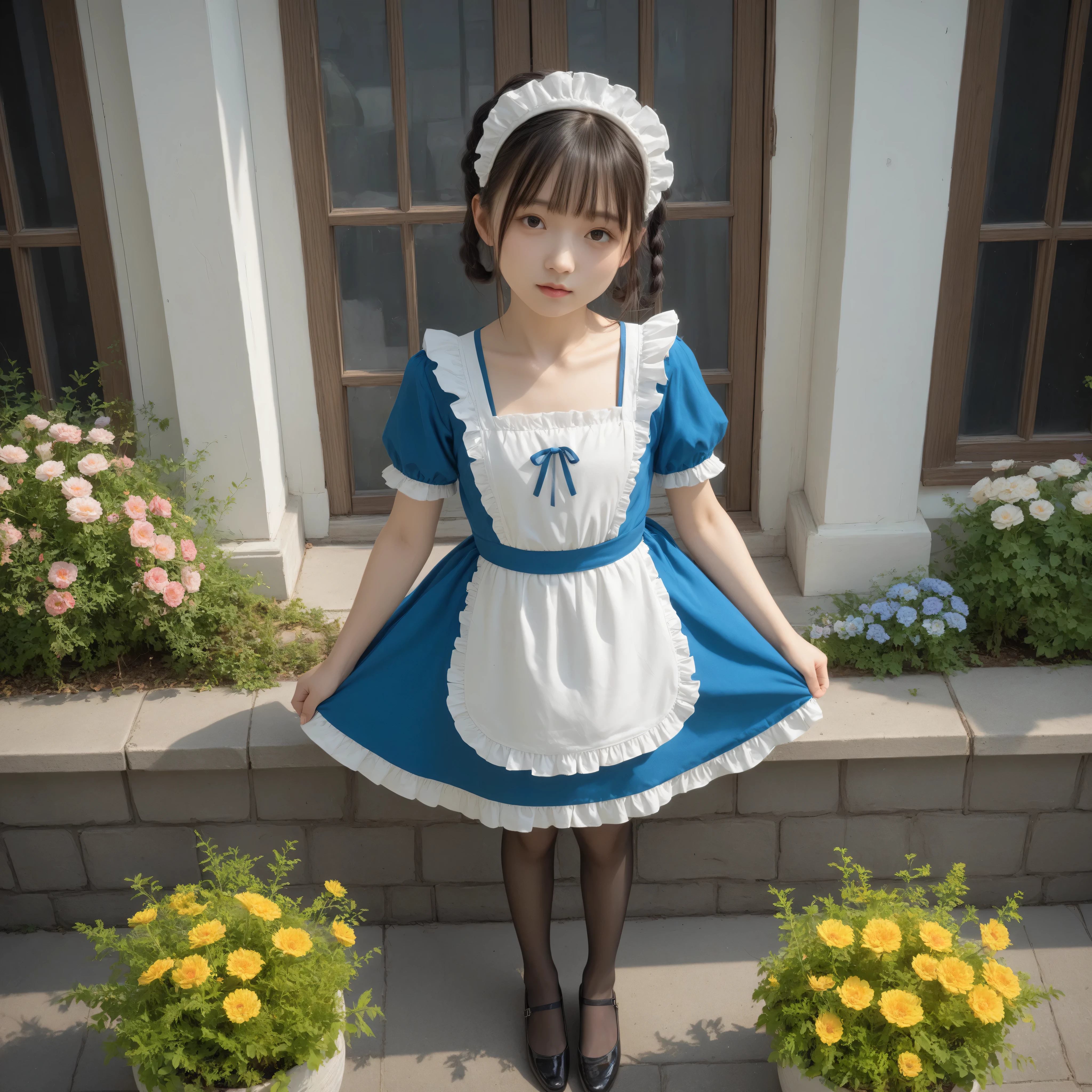 one girl、maids,Look at the audience,(skinny:0.47),(younger:0.94),from above,slouches forward,Watering flowers outside the mansion,japanese,(Smile Yang:0.13),black lace stockings